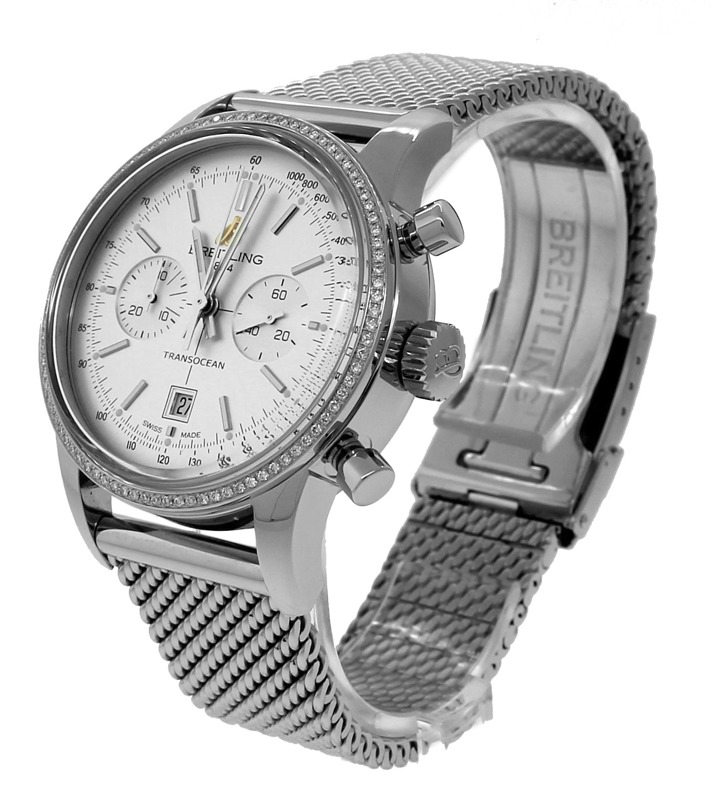 2014 Breitling Transocean Chronograph 38mm Silver Diamond Mesh A41310 Watch