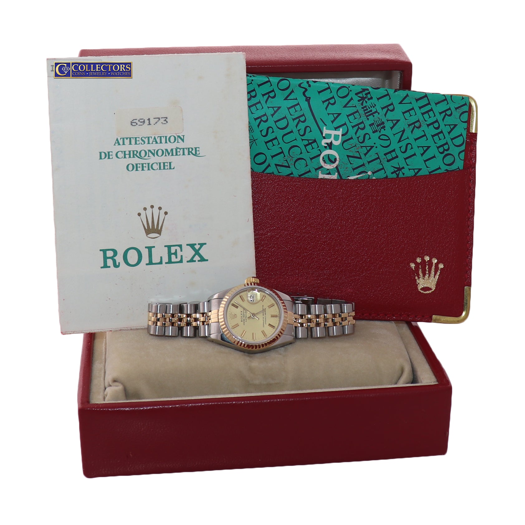 PAPERS Ladies Rolex 69173 Two Tone 18k Gold 26mm champagne Watch Box