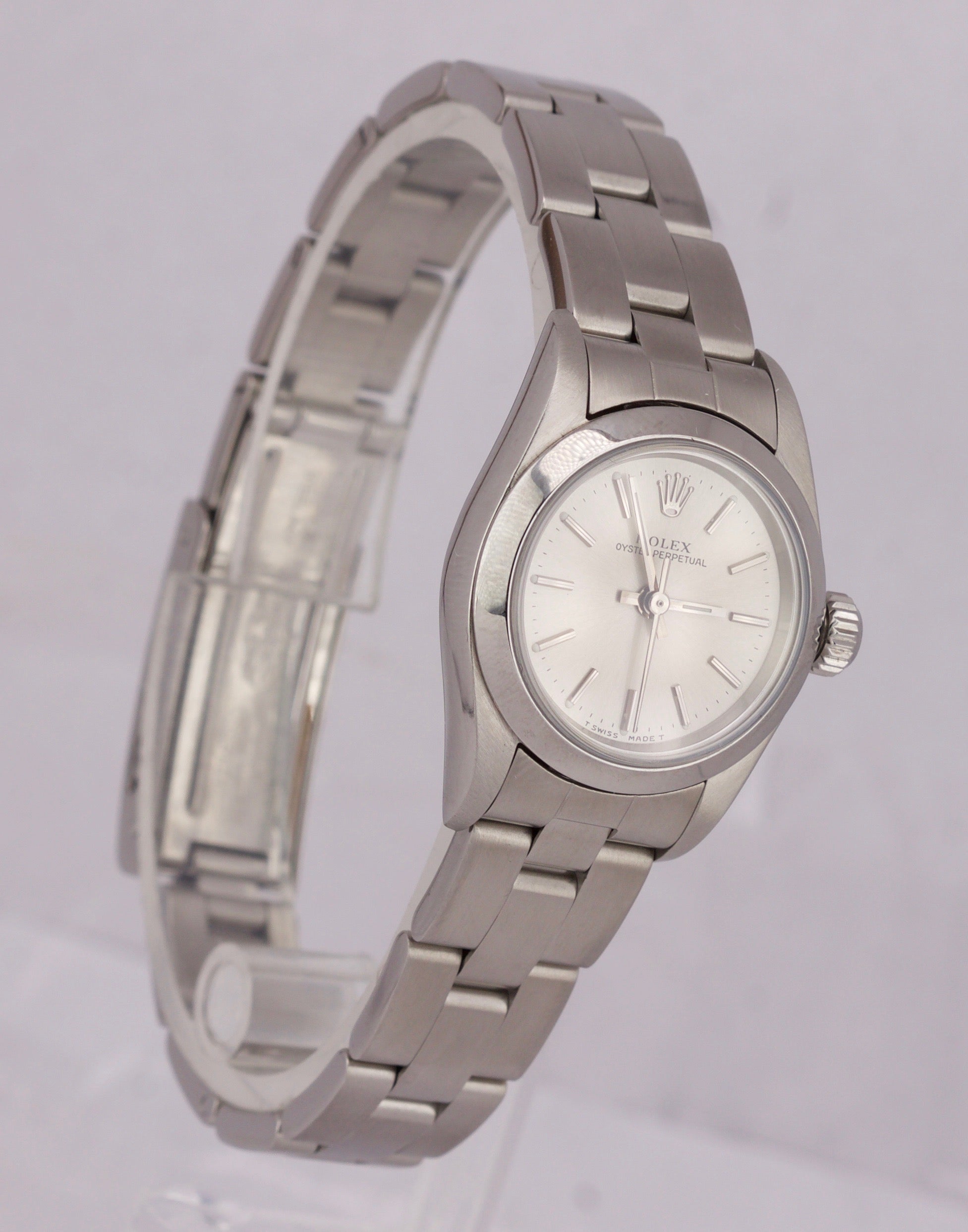 1999 Ladies Rolex Oyster Perpetual 67180 Silver Stick No Holes Oyster 24mm Watch