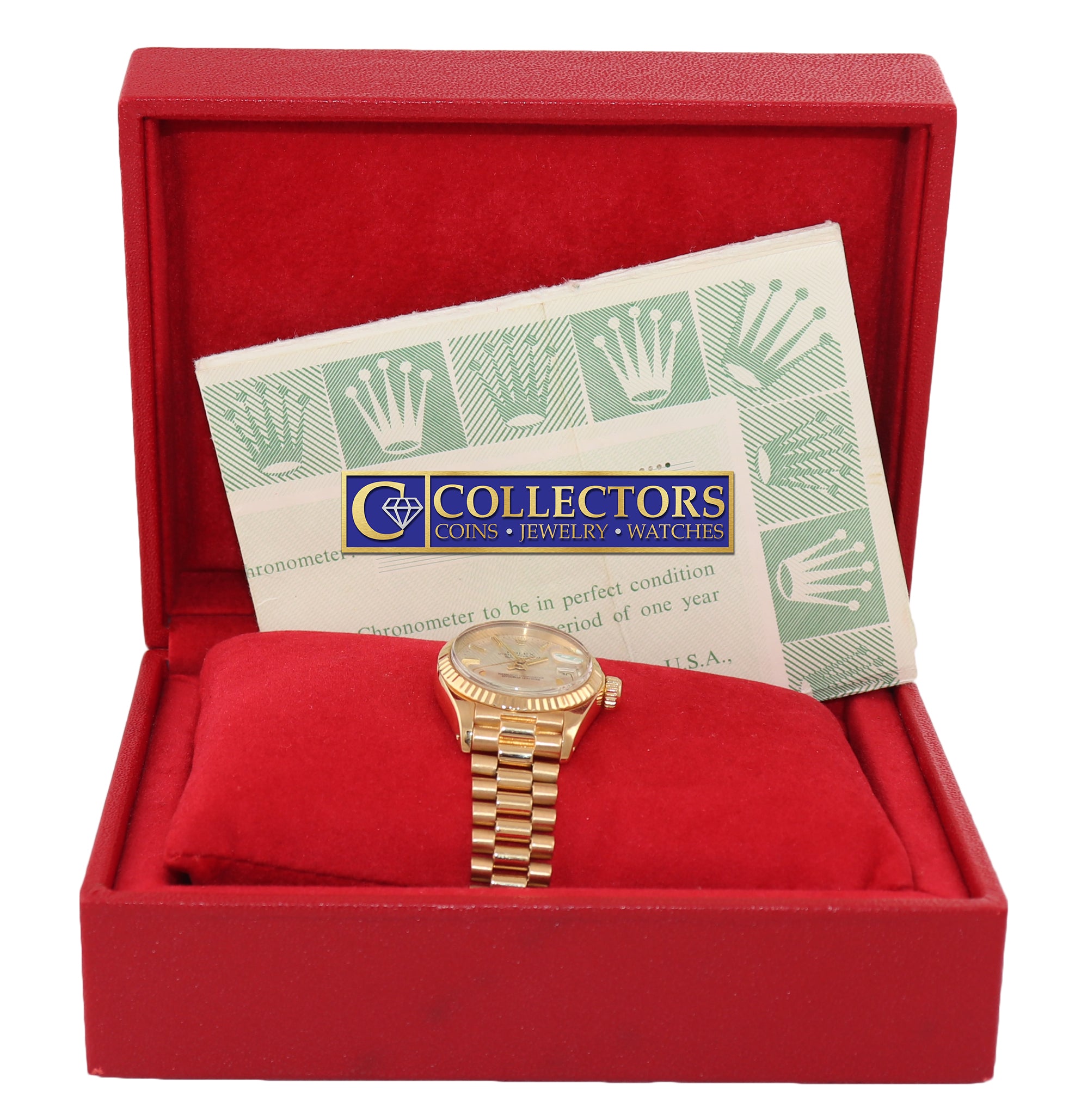 PAPERS Ladies Rolex Date President 26mm 6917 18K Yellow Gold Silver Stick Watch