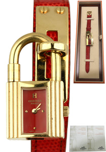 Ladies Hermes Kelly Gold Plated Padlock Lock Red Dial Leather Band Bag Watch