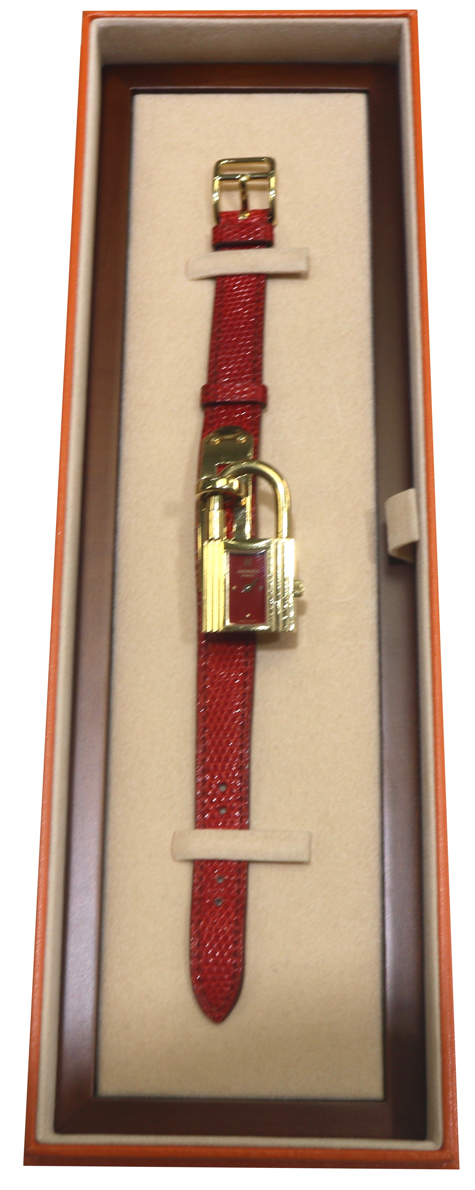 Ladies Hermes Kelly Gold Plated Padlock Lock Red Dial Leather Band Bag Watch