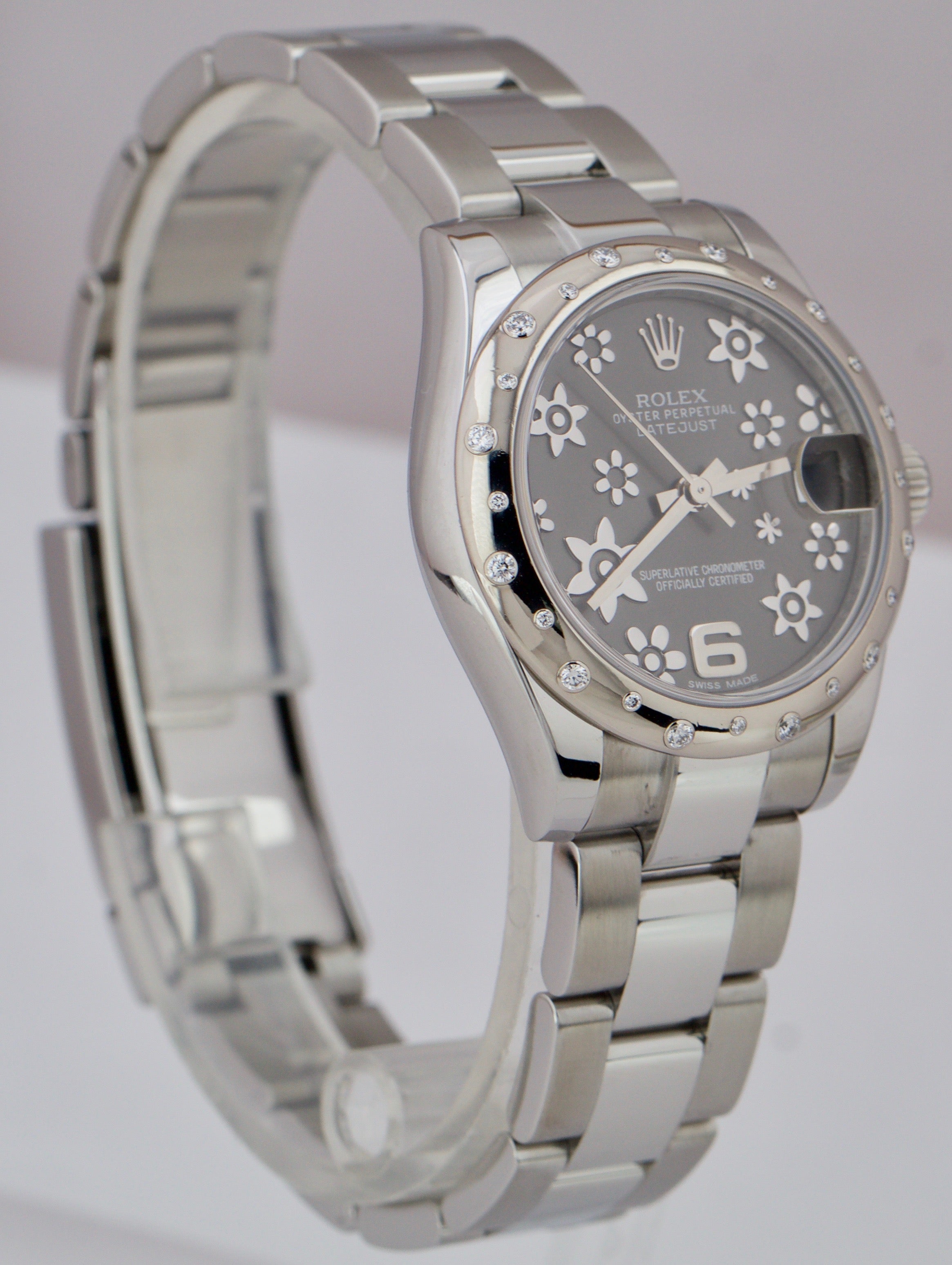 Ladies Rolex DateJust 31mm Diamond Rhodium Flower Oyster 178344 Stainless Watch