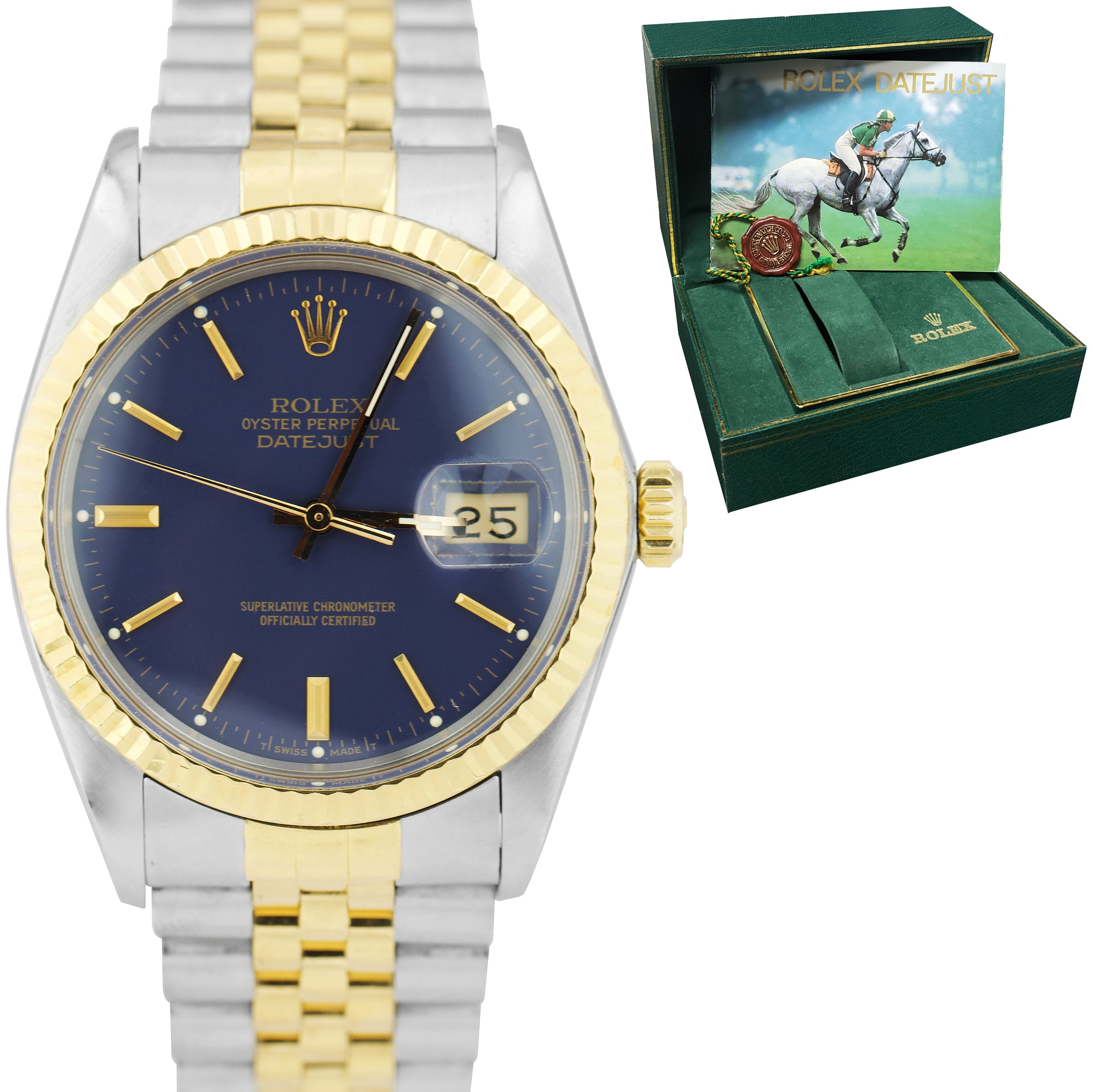 Rolex DateJust 36mm Two-Tone Gold Blue Dial Jubilee Steel Watch 16013 BOX