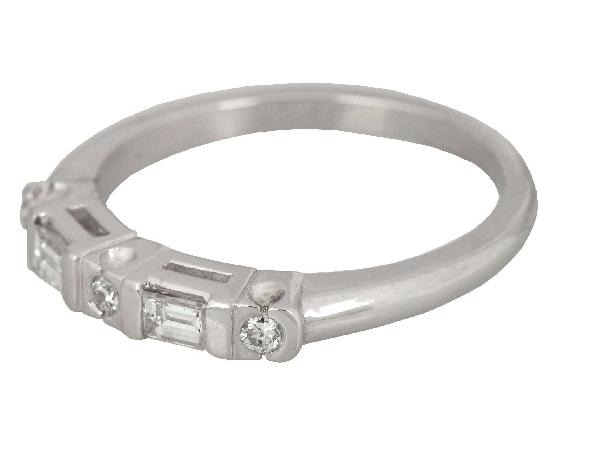 Vintage 14K White Gold 0.27ctw Baguette & Round Diamond 3mm Wedding Band Ring
