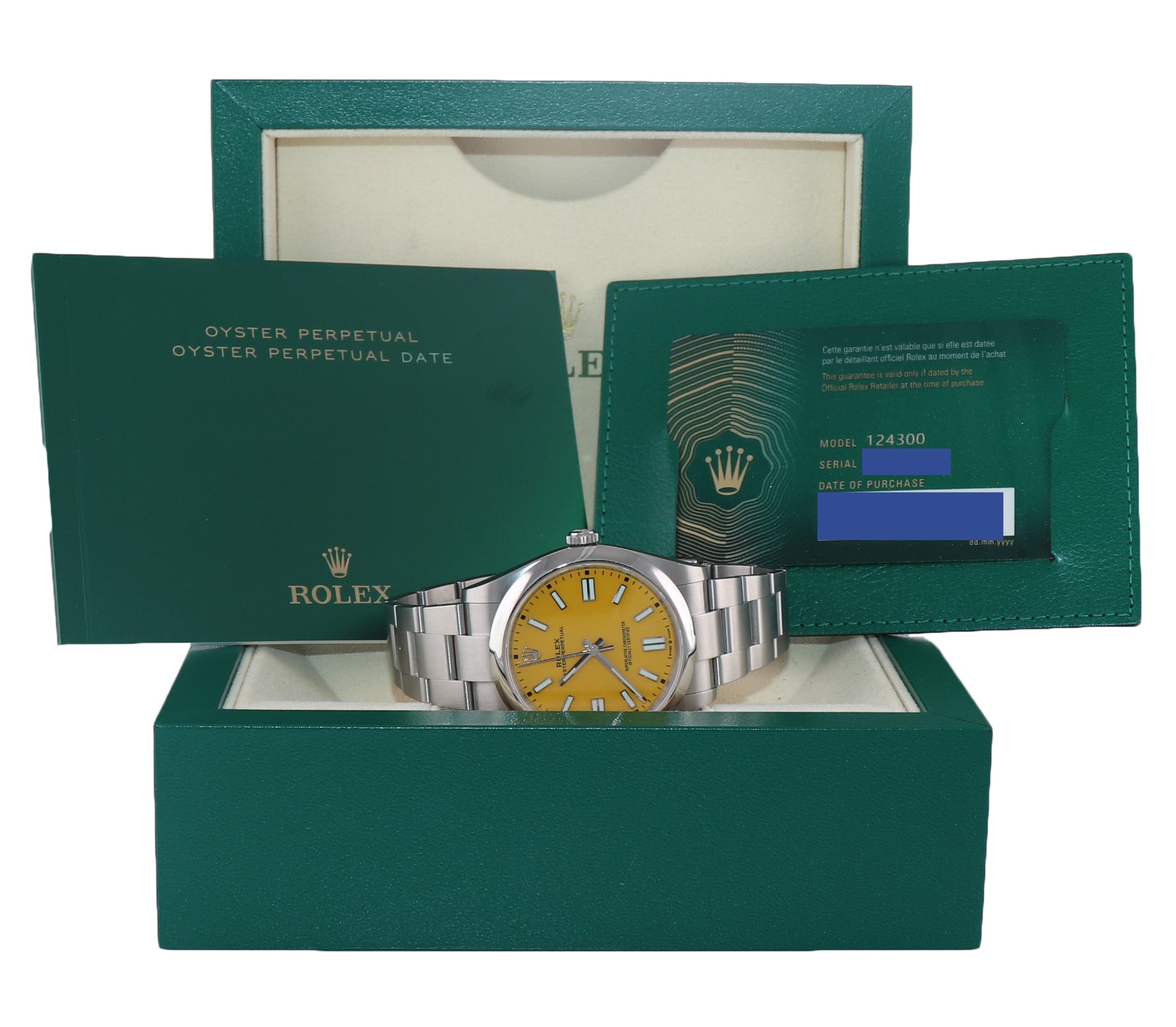 2021 PAPERS Rolex Oyster Perpetual 41mm Yellow Stick Oyster Watch 124300 Box