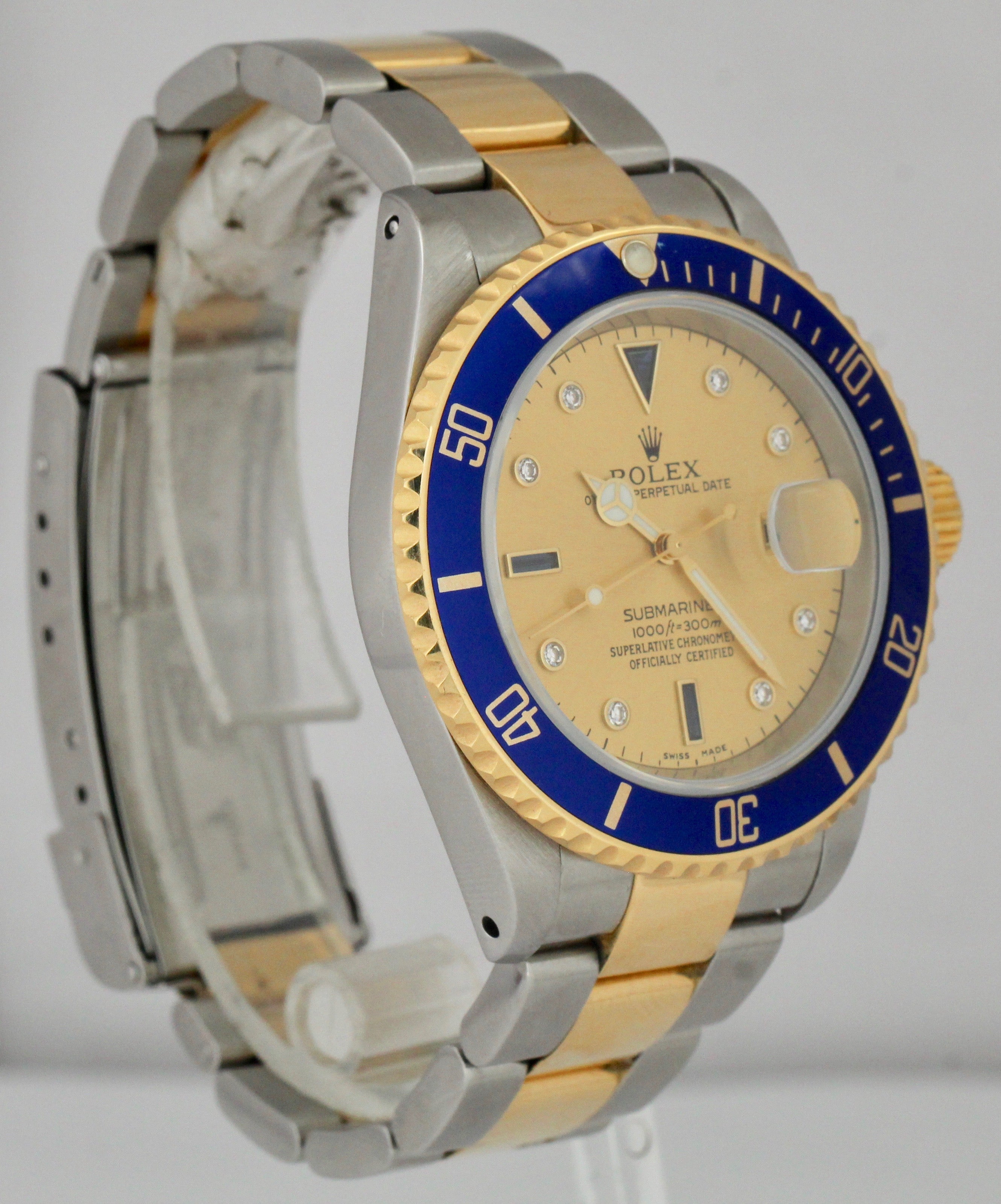2002 Rolex Submariner Serti Sapphire Diamond Champagne Dial 16613 Two-Tone Watch