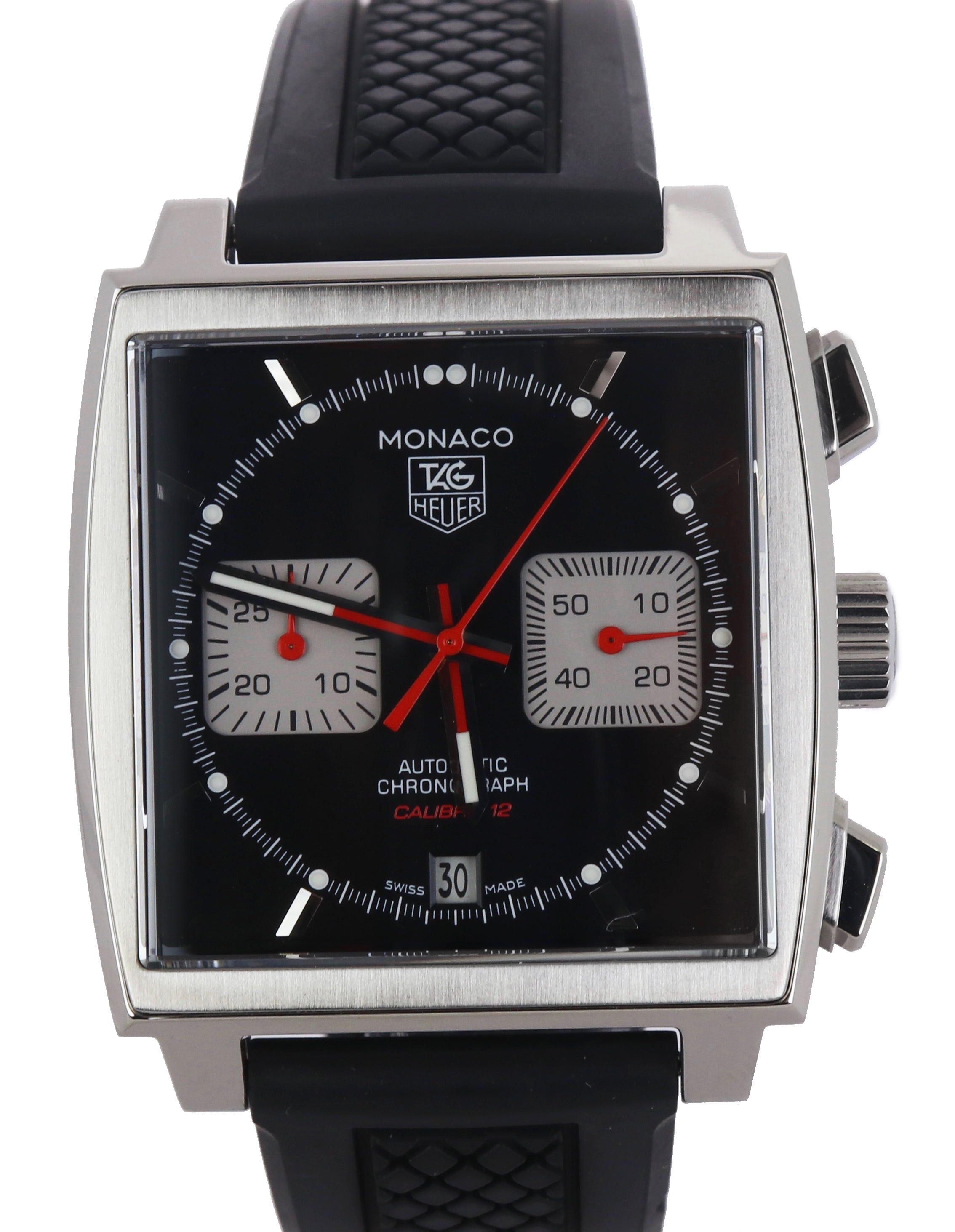 MINT TAG Heuer Monaco Calibre 12 Chronograph Black Stainless CAW2114 39mm Watch