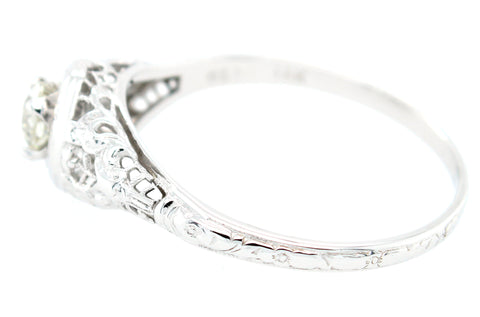 Antique Art Nouveau 0.36ct Solitaire Diamond Filigree Engagement Ring in 18k White Gold