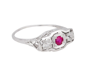 1930's Antique Art Deco 14K White Gold Red Glass Cubic Zirconia Cocktail Ring