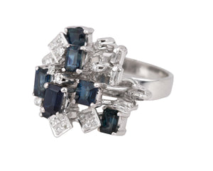 Womens Modern Ornate 18K White Gold 0.27ctw Diamond & Blue Sapphire Cluster Ring