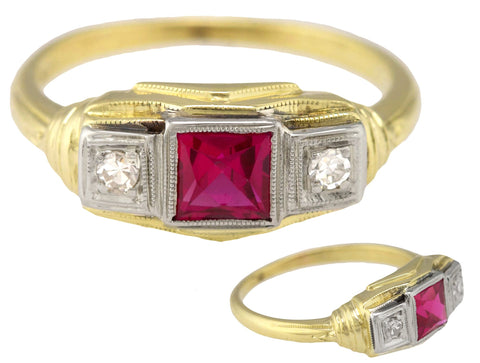 Ladies Vintage 14K Yellow White Gold 0.06ctw Lab-Created Ruby Diamond Ring