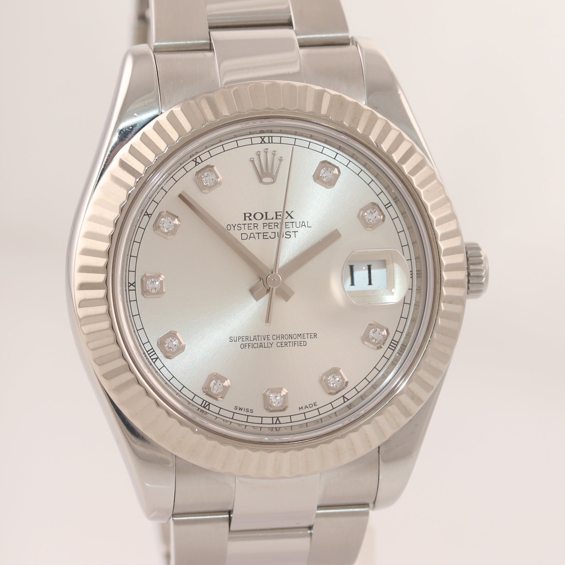 2016 Rolex Datejust 2 41MM Silver Diamond 116334 18K White Gold Fluted Watch