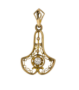 Art Nouveau Victorian 18K Yellow Gold 0.09ct Solitaire Diamond Filigree Pendant