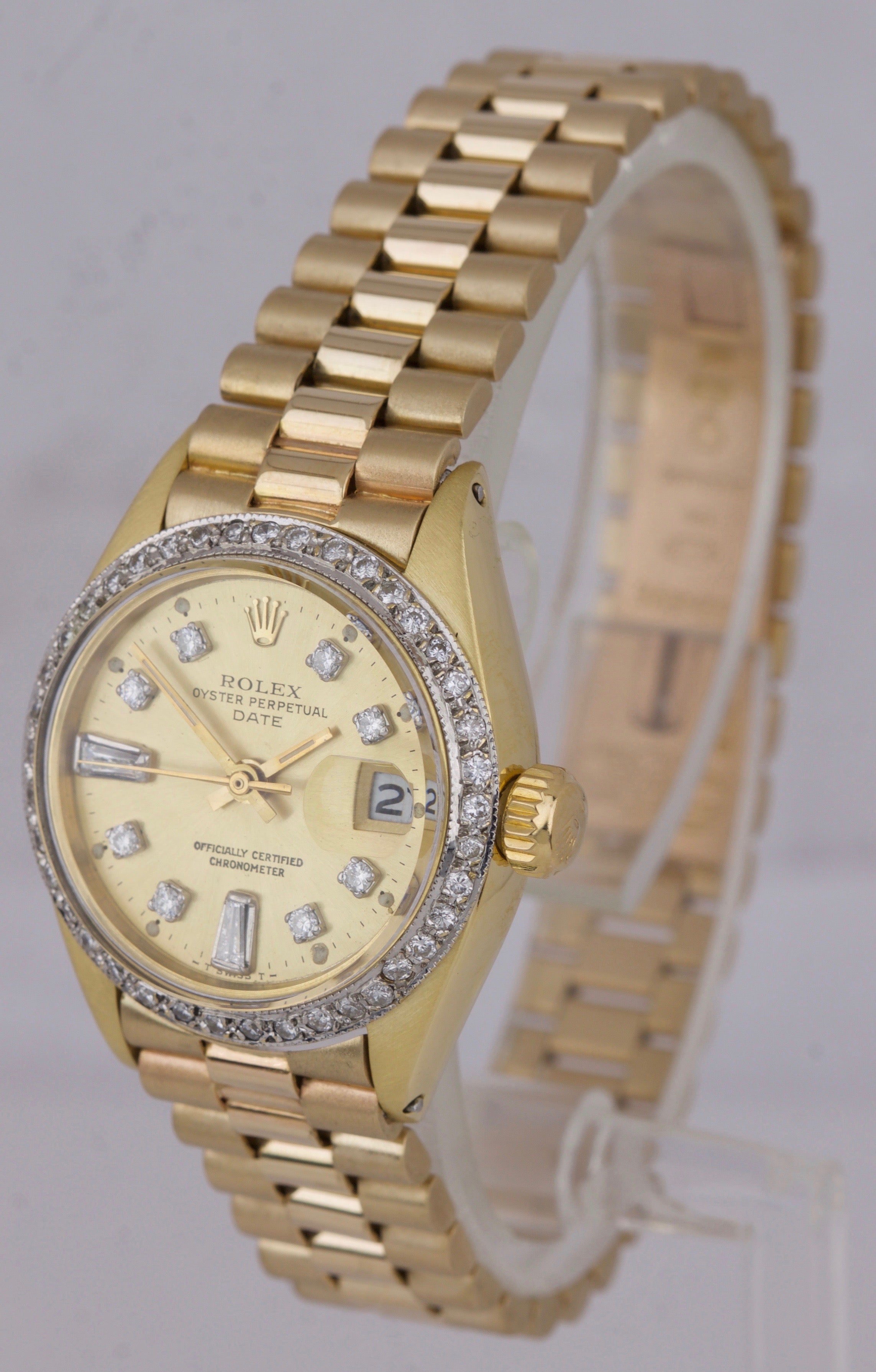 Ladies Rolex Date 6917 President 26mm Diamond Bezel 18K Yellow Gold Watch 69178