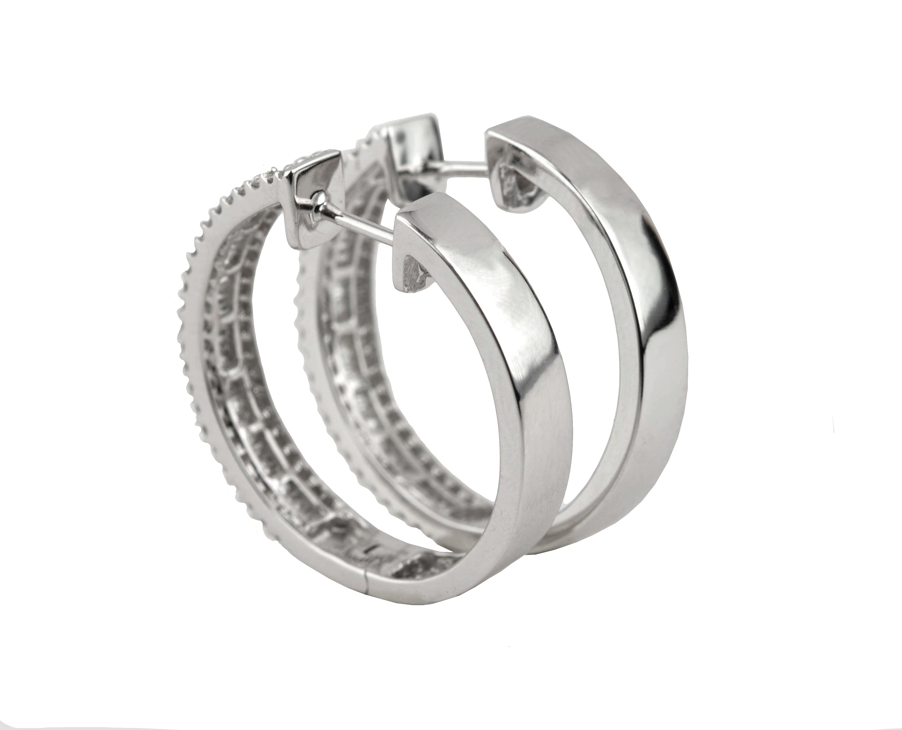 Womens Modern 14K 585 White Gold 1.62ctw Round & Baguette Diamond Hoop Earrings