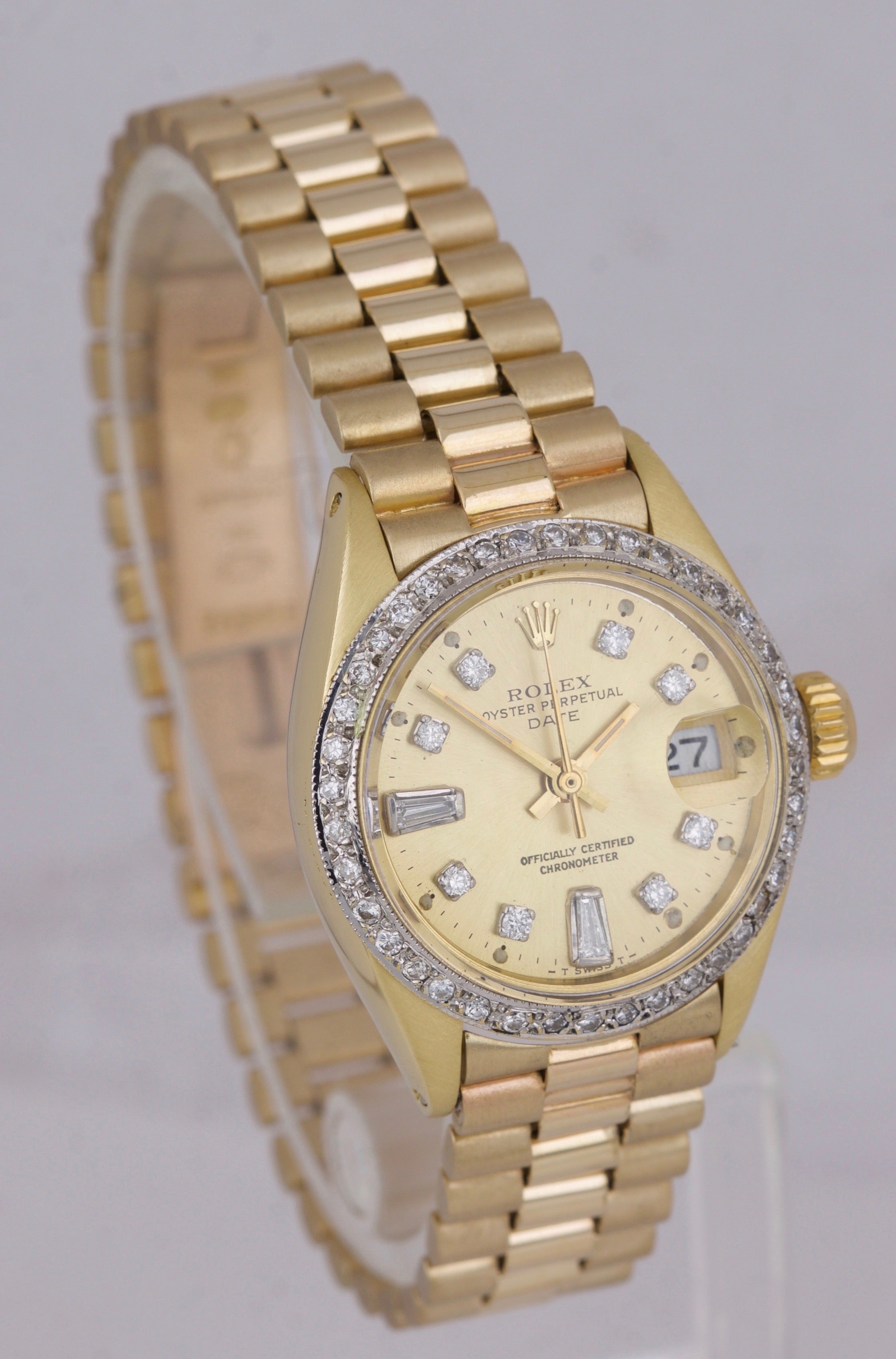 Ladies Rolex Date 6917 President 26mm Diamond Bezel 18K Yellow Gold Watch 69178