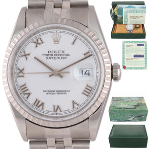 WARRANTY PAPERS Rolex DateJust 36mm 16220 White Roman Jubilee Date Watch Box