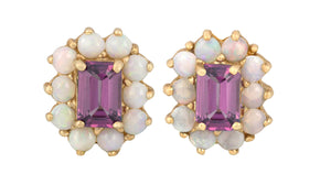 Antique Vintage Estate 10K Yellow Gold Opal Violet Spinel Gemstone Stud Earrings