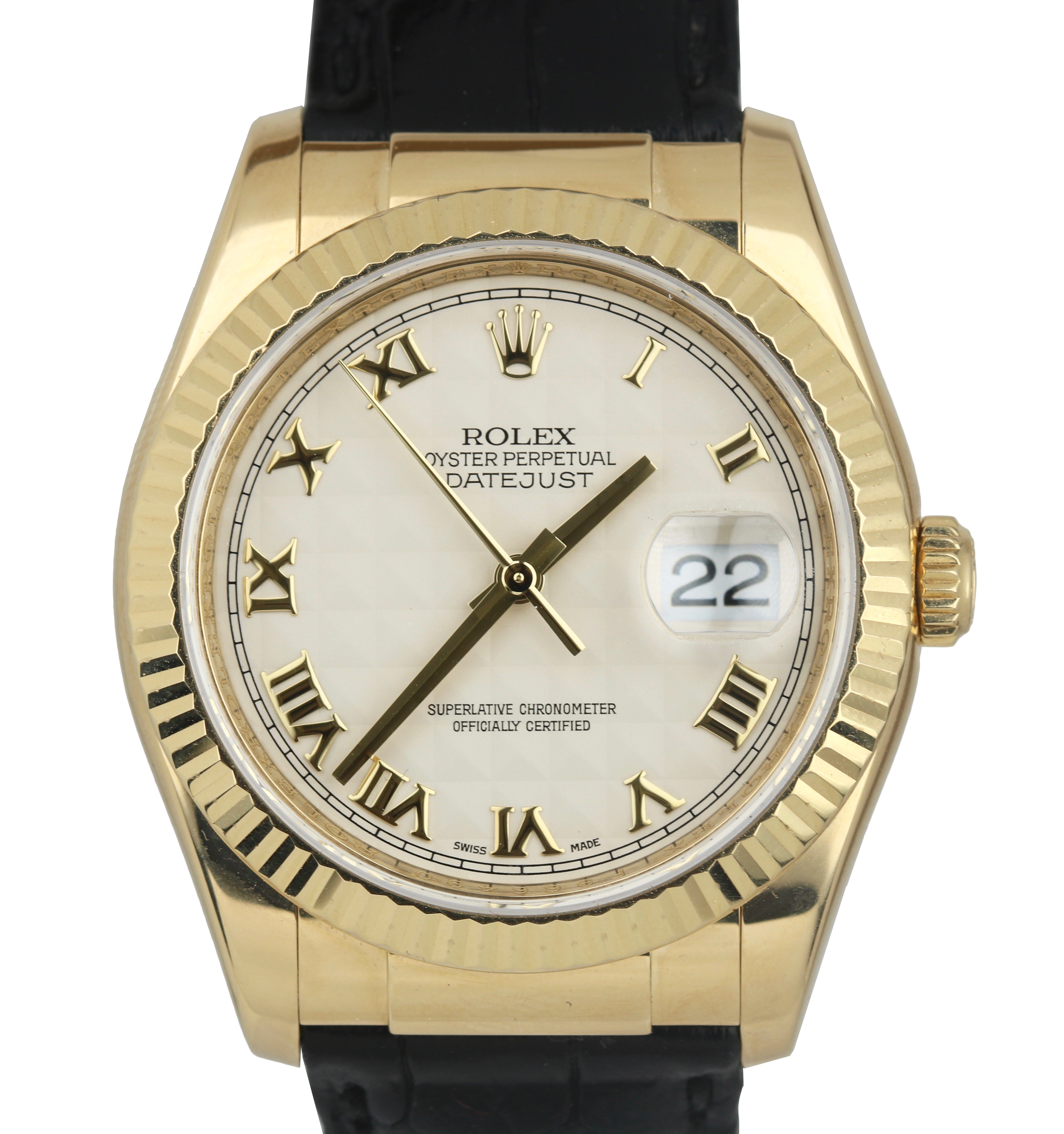 MINT Rolex DateJust 36mm 116138 Ivory Pyramid Dial 18K Yellow Gold Leather Watch