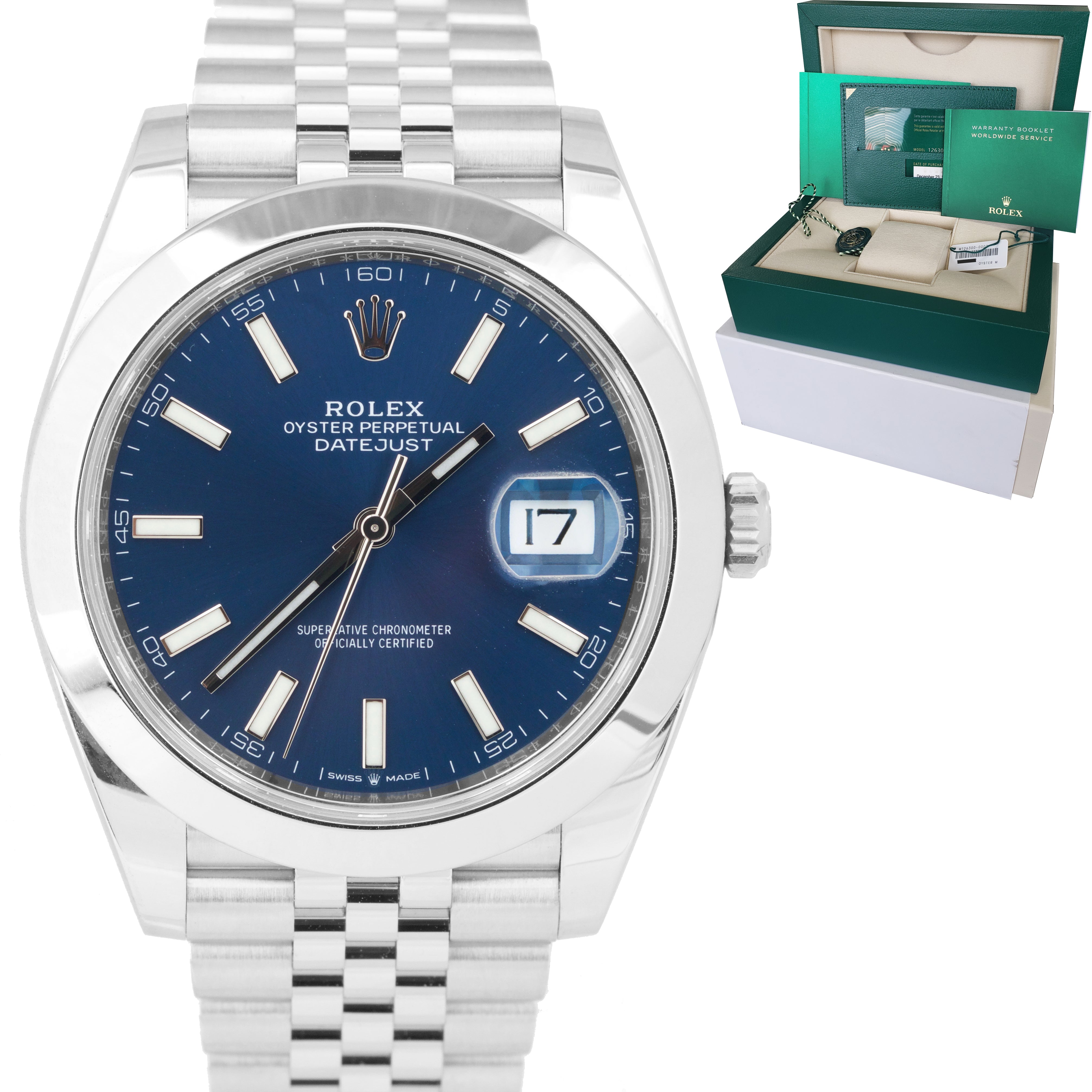 2020 Rolex DateJust 41 Blue Stick Stainless Steel Jubilee Watch 126300 FULL SET