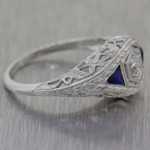 1930s Antique Art Deco 18k White Gold .40ctw Diamond Sapphire Engagement Ring