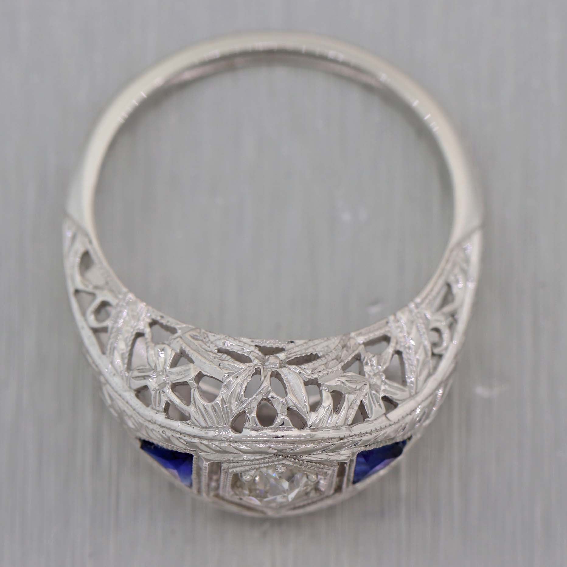 1930s Antique Art Deco 18k White Gold .40ctw Diamond Sapphire Engagement Ring