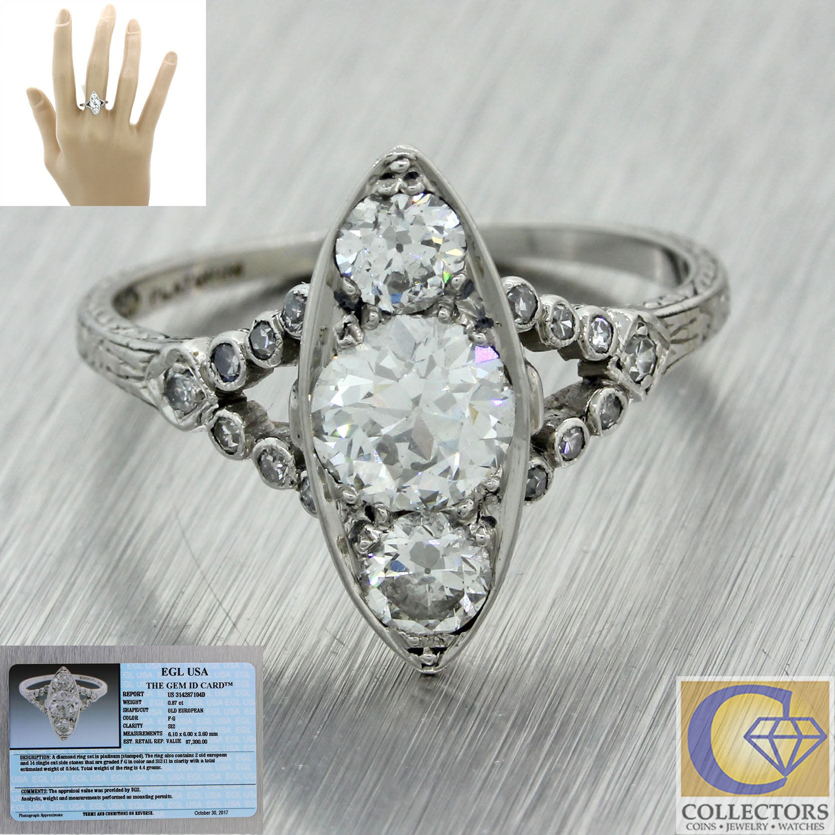 1920s Antique Art Deco Estate Platinum 1.41ctw Diamond Engagement Ring EGL $7300