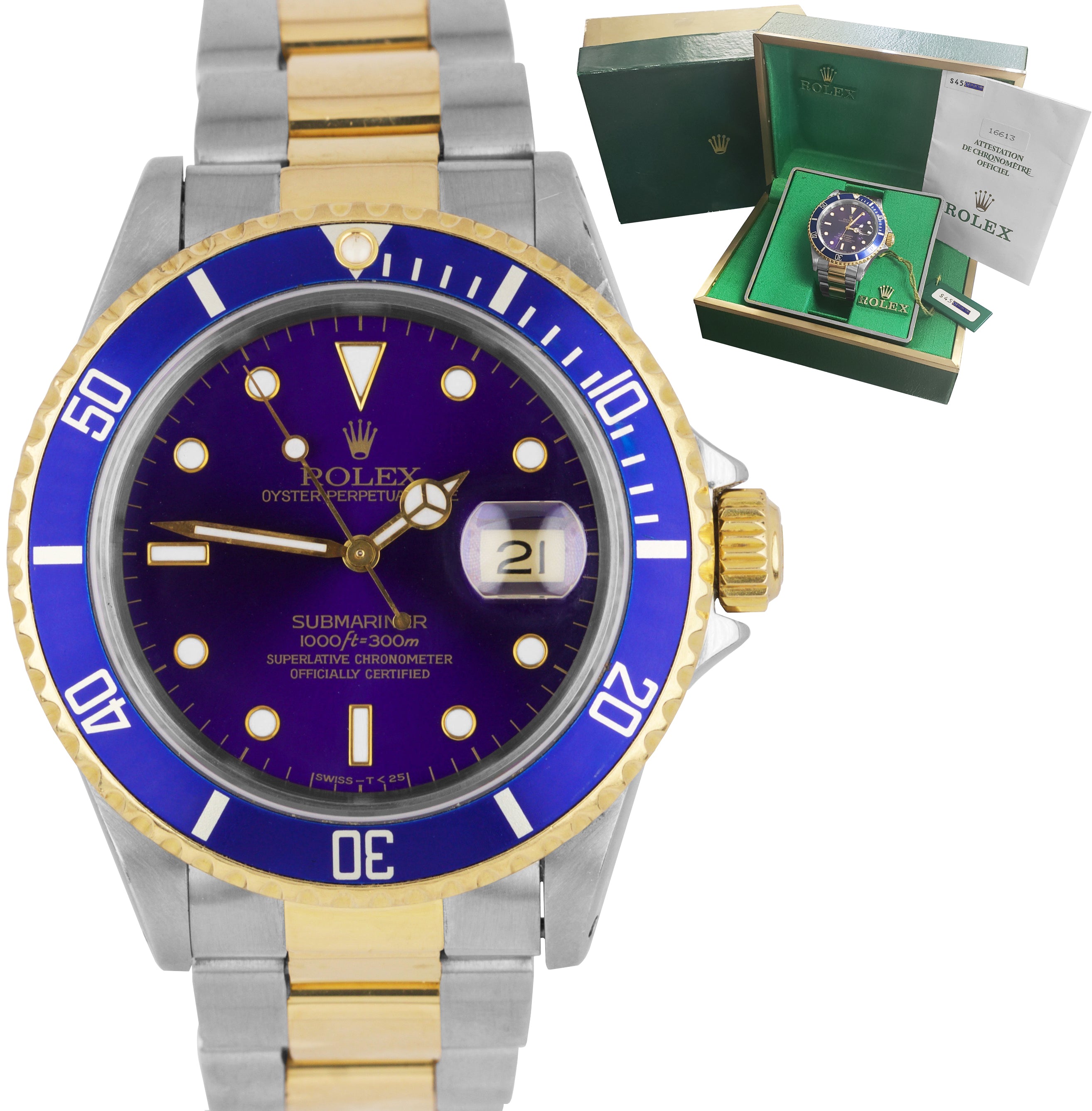 1994 PURPLE Rolex Submariner 16613 Two-Tone Gold Stainless Steel 40mm Blue Watch