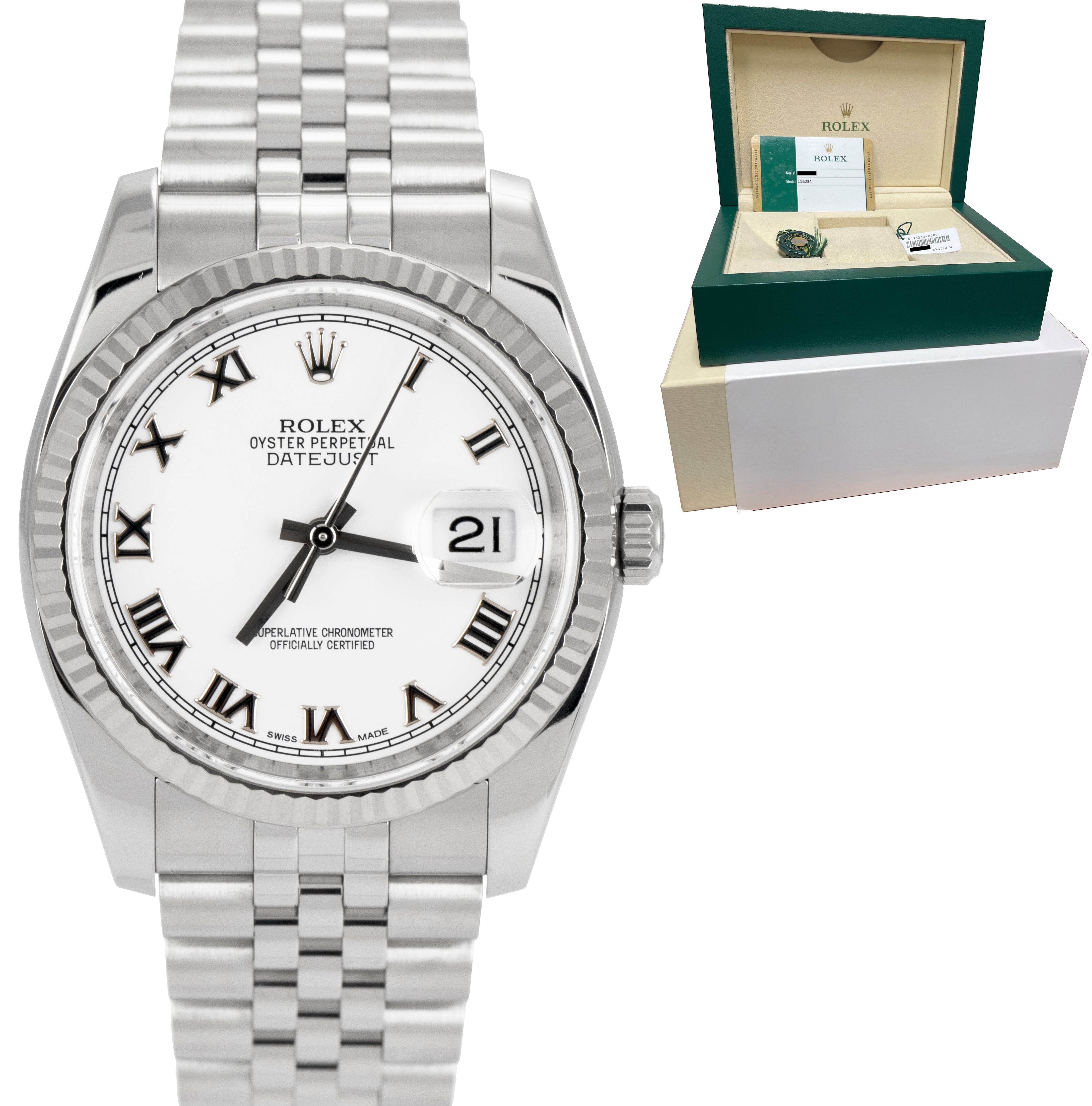 2017 Rolex DateJust 36mm White Roman Steel White Gold Jubilee Watch 116234 CARD