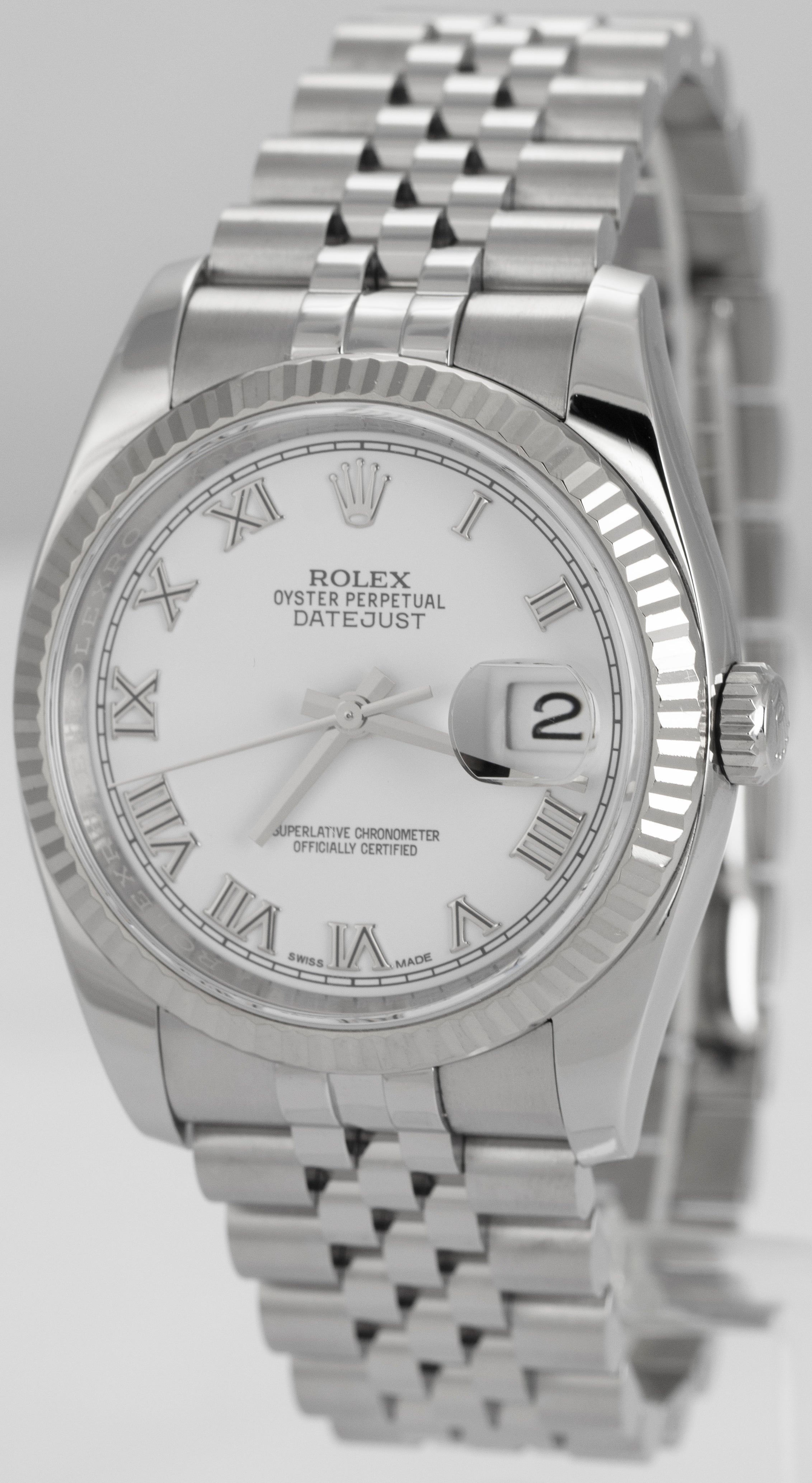2017 Rolex DateJust 36mm White Roman Steel White Gold Jubilee Watch 116234 CARD