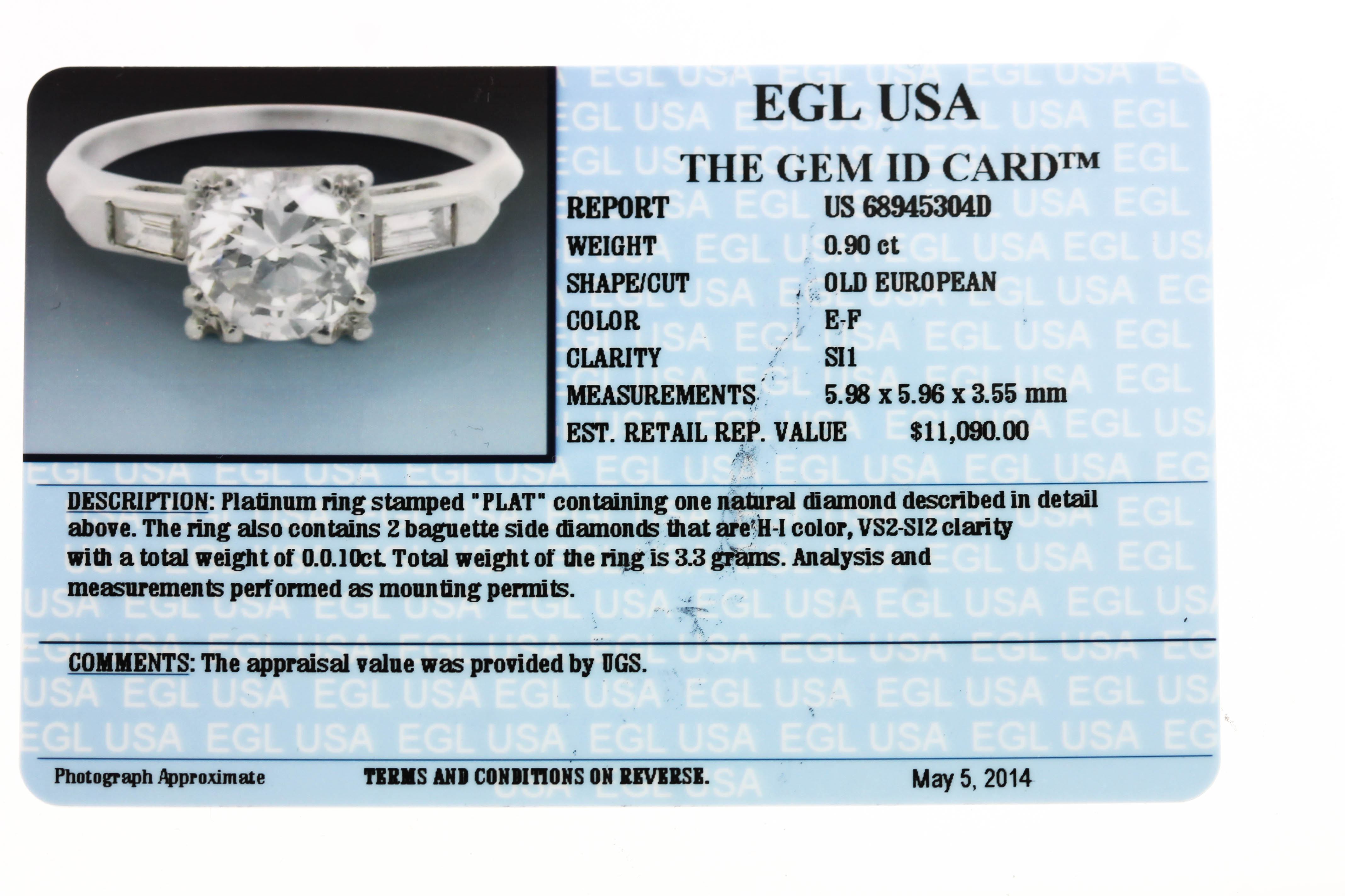 Lovely Ladies Estate Platinum 1.00ctw Diamond Engagement Ring EGL USA