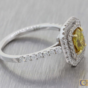 Modern 18k White Gold 1.12ctw Fancy Yellow Diamond Halo Engagement Ring A8