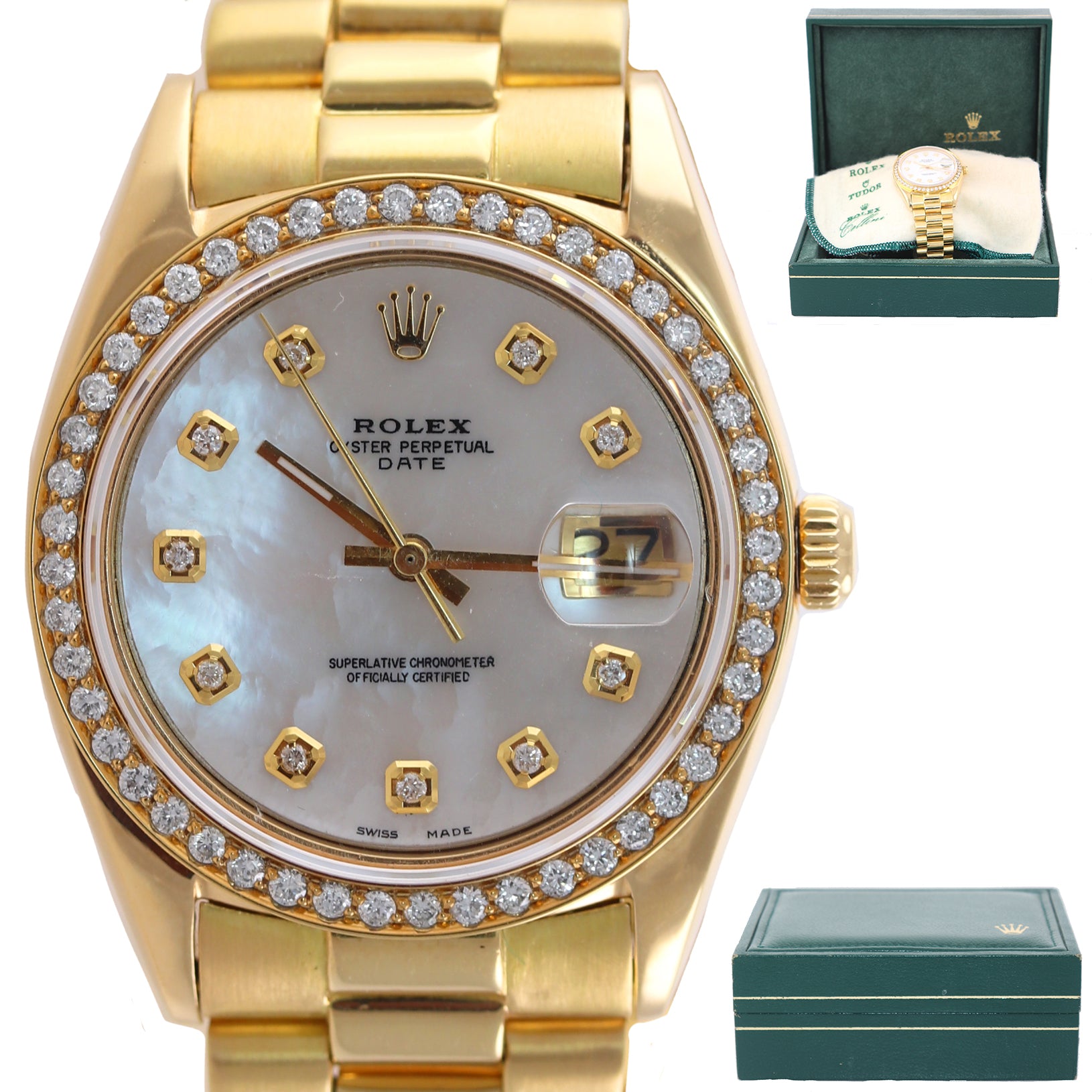 Rolex Date 1500 34mm Solid 14k Yellow Gold President MOP Diamond Bezel Watch