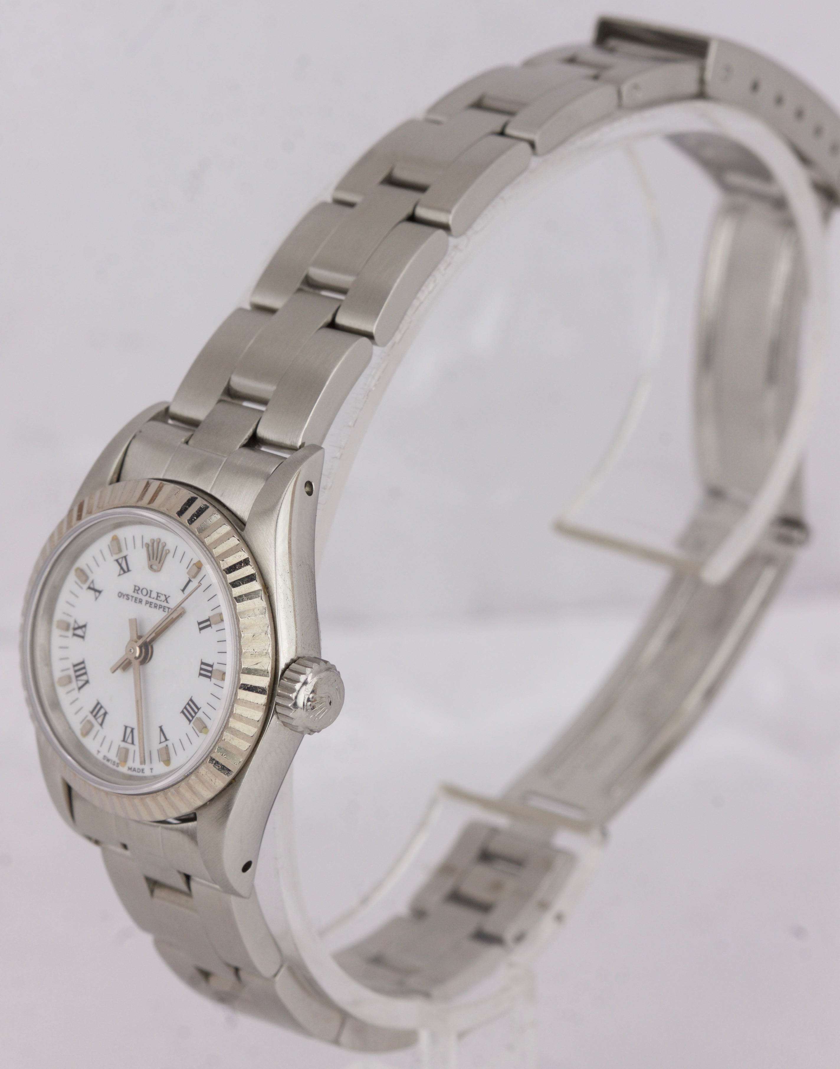 Mint Ladies Rolex Oyster Perpetual Fluted White Roman 24mm Oyster Watch 67194