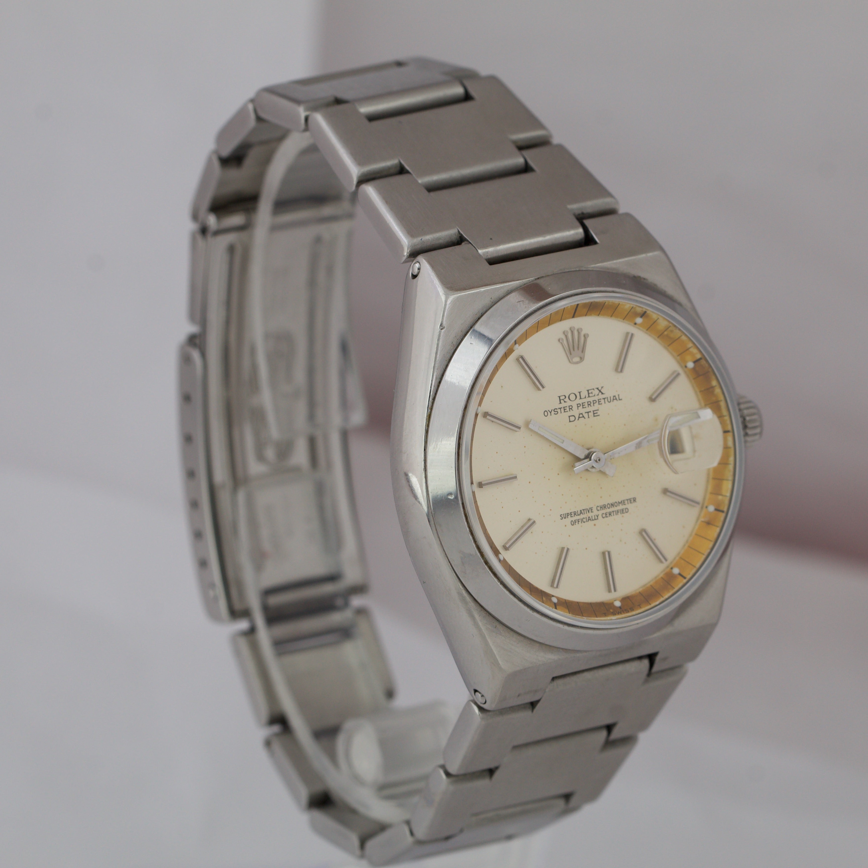 RARE 1977 Rolex Oyster Perpetual Date Stainless 36mm Silver Patina Watch 1530