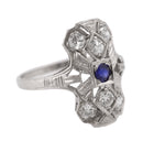Art Deco 14K White Gold 0.66ctw Diamond Blue Sapphire Filigree Dinner Ring