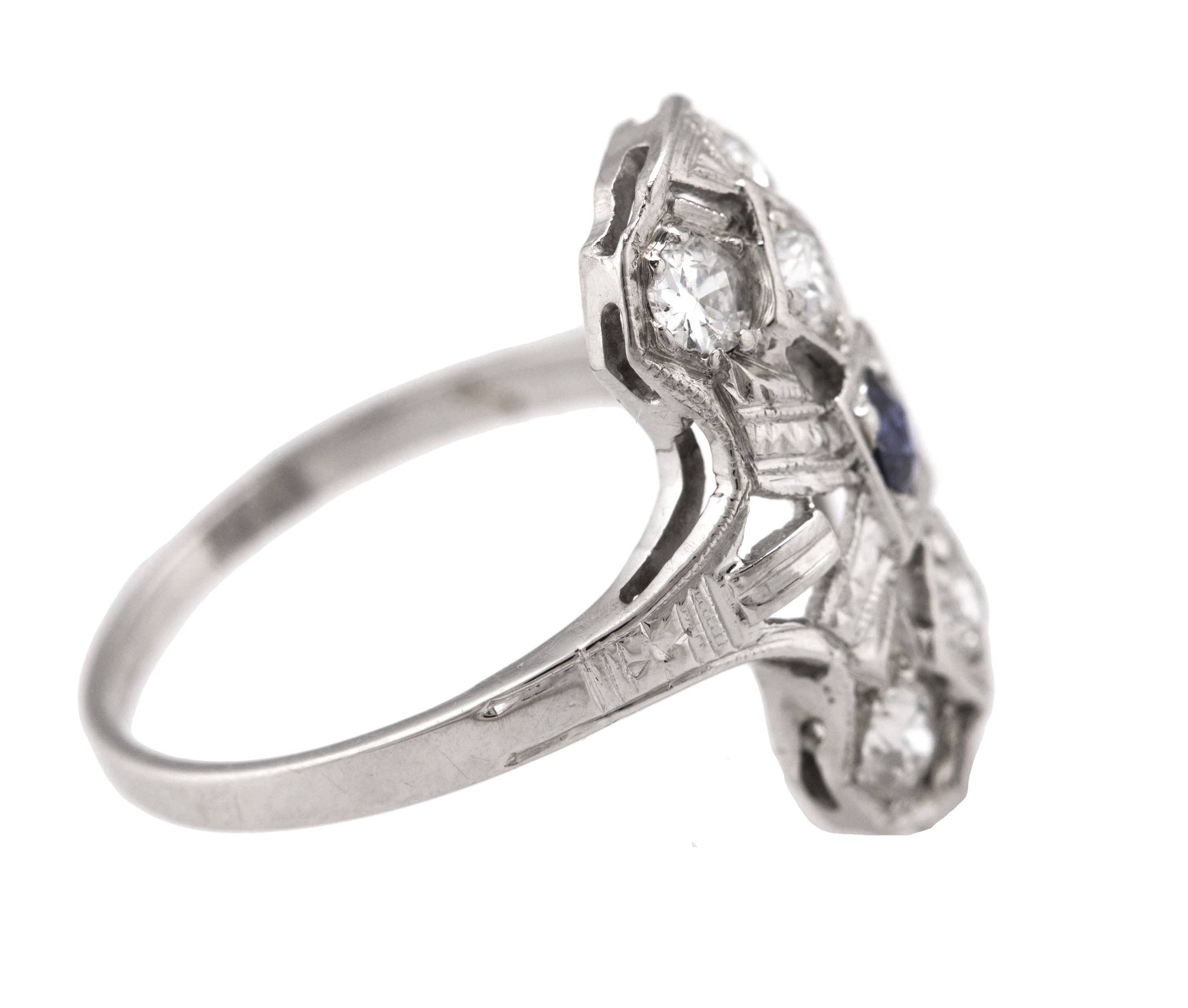 Art Deco 14K White Gold 0.66ctw Diamond Blue Sapphire Filigree Dinner Ring