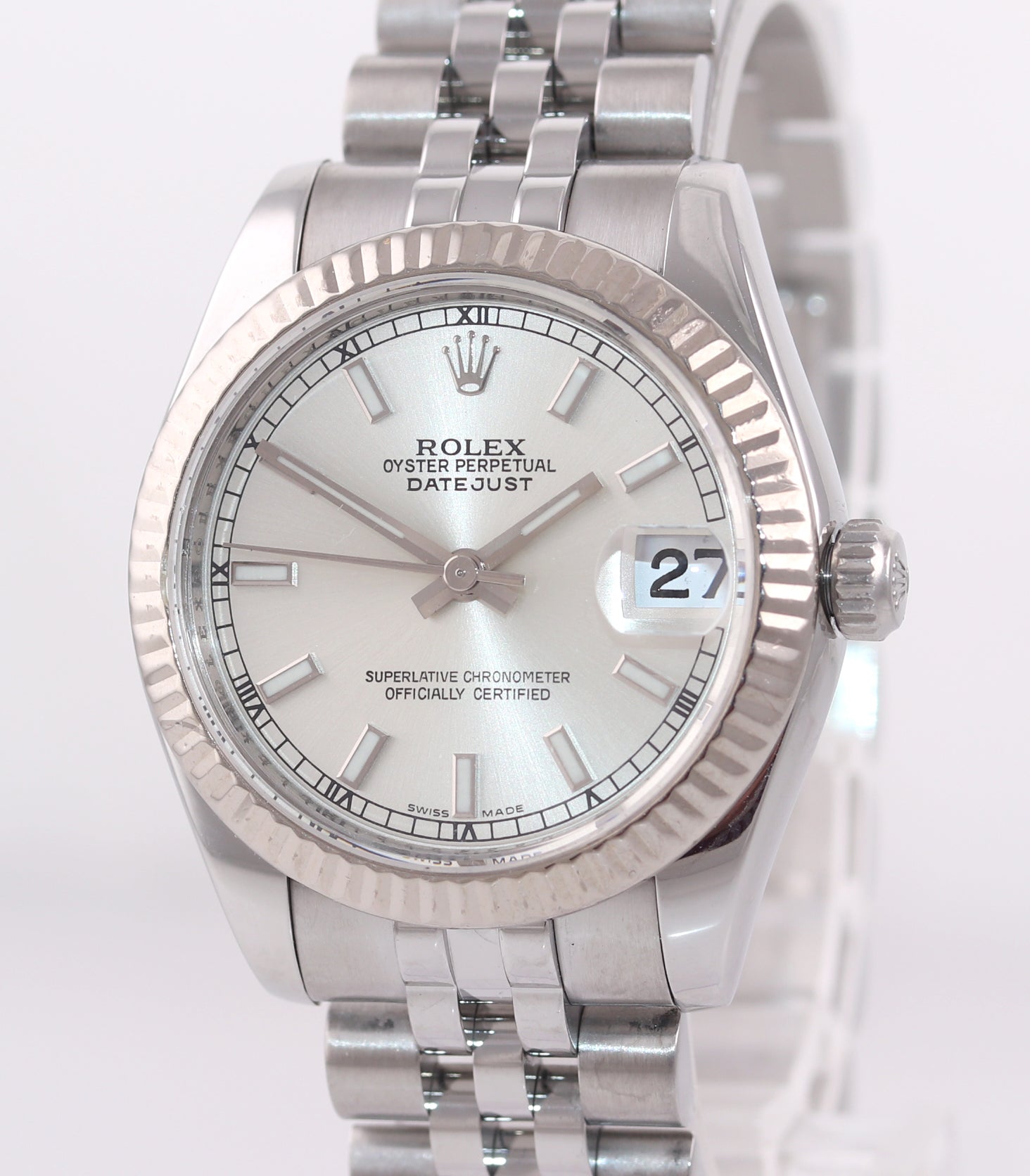 2009 Ladies Rolex DateJust MidSize 31mm Silver Stick Fluted Steel 178274 Watch B