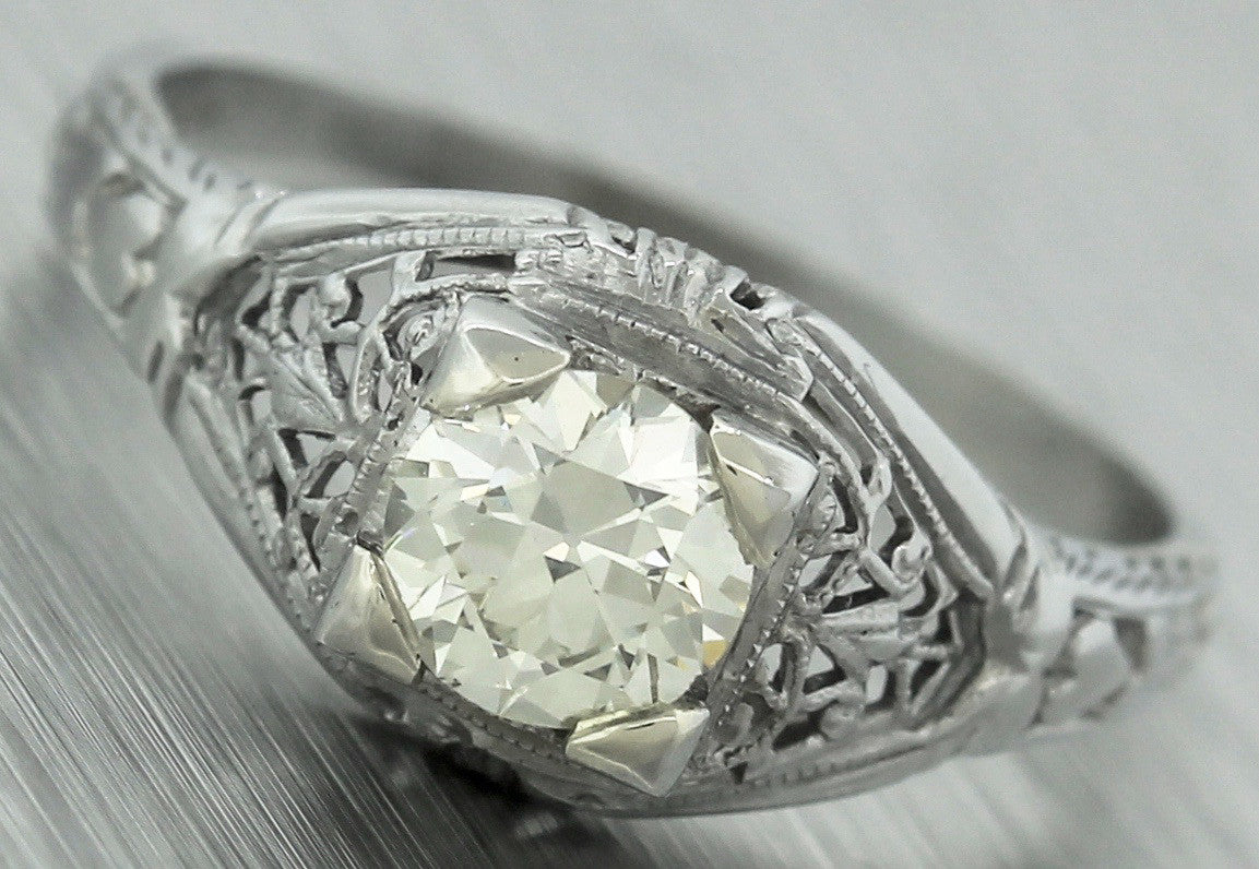 Antique Art Deco 18K White Gold Filigree 0.79ct Diamond Engagement Ring EGL USA