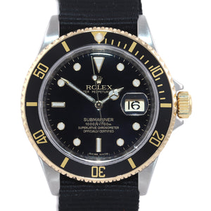 2010 ENGRAVED REHAUT Rolex Submariner 16613 Two Tone 18k Black Nato Watch