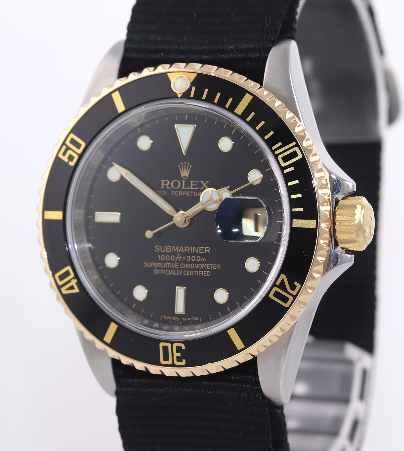 2010 ENGRAVED REHAUT Rolex Submariner 16613 Two Tone 18k Black Nato Watch