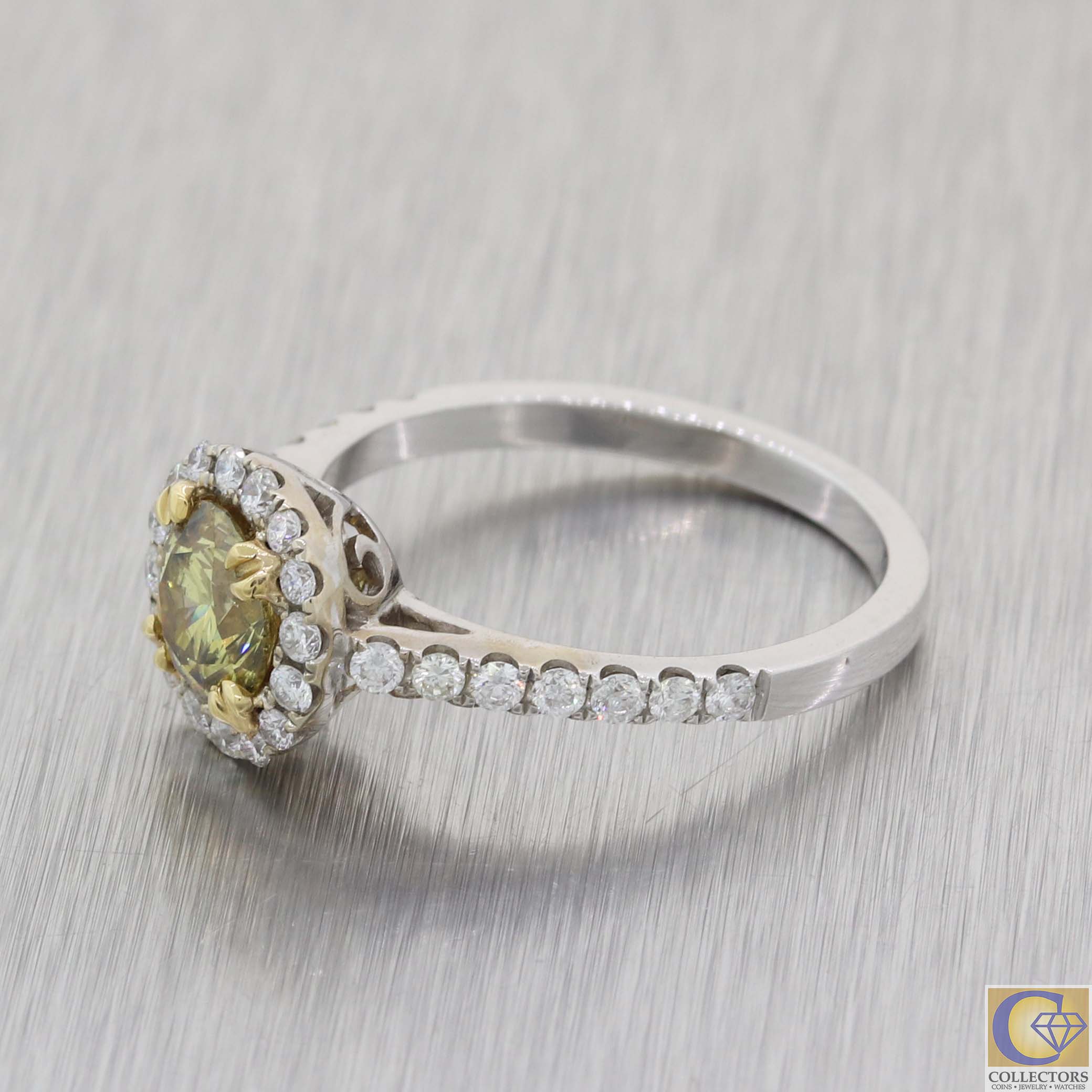 Modern 18k White Gold 1.45ctw Fancy Yellow Diamond Halo Engagement Ring A8