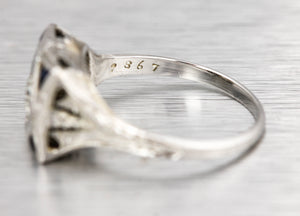 Antique Art Deco 18K White Gold 0.33ct Diamond Blue Sapphire Filigree Ring