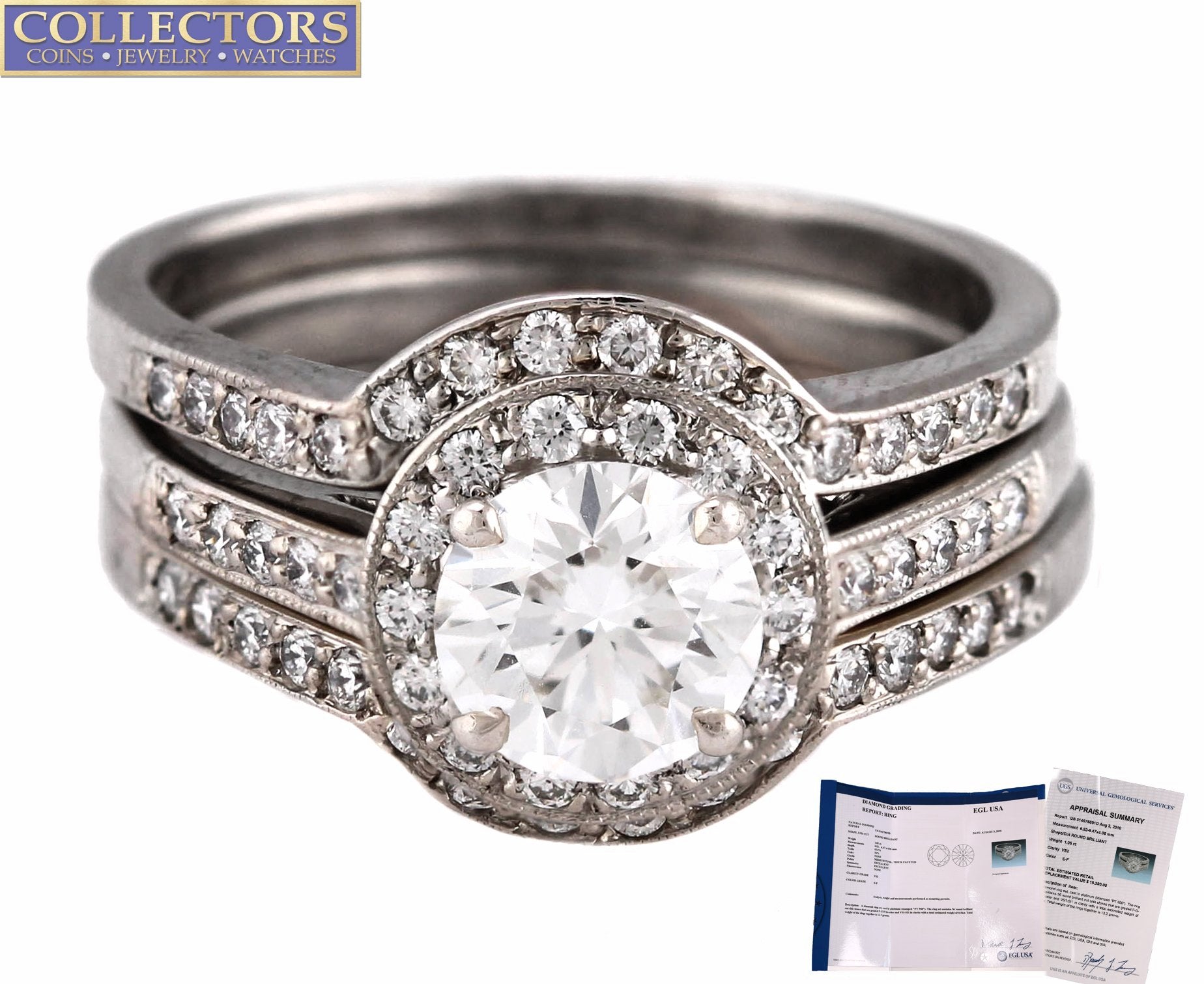 Ladies Platinum 1.05ct E-F Round Brilliant Diamond Halo Engagement Ring Band Set
