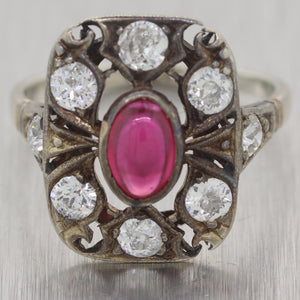 1890's Antique Victorian 14k White Gold Ruby & Diamond 1.30ctw Ring