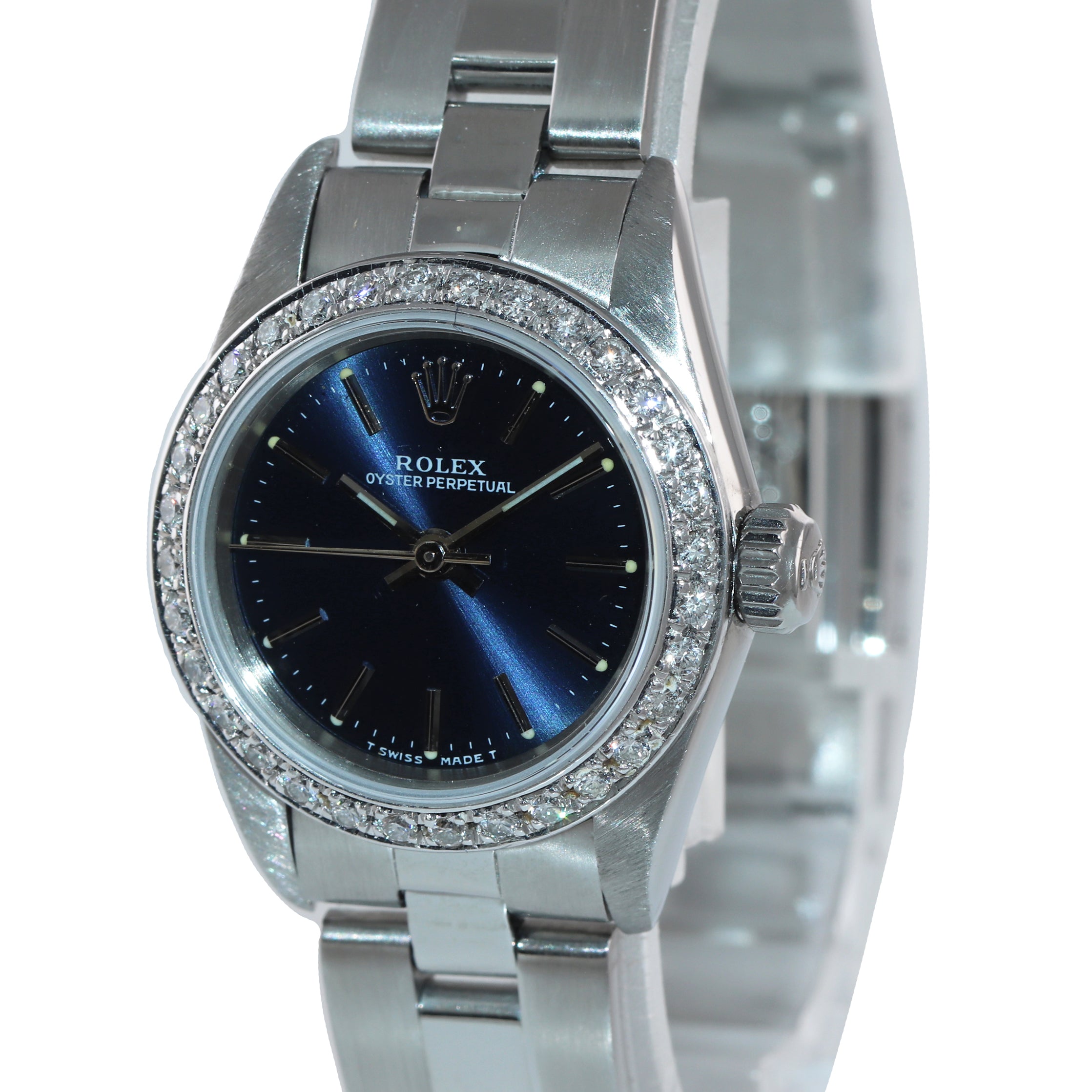 Ladies Rolex Oyster Perpetual Blue Stick Diamond Bezel 24mm 67180 Steel Watch