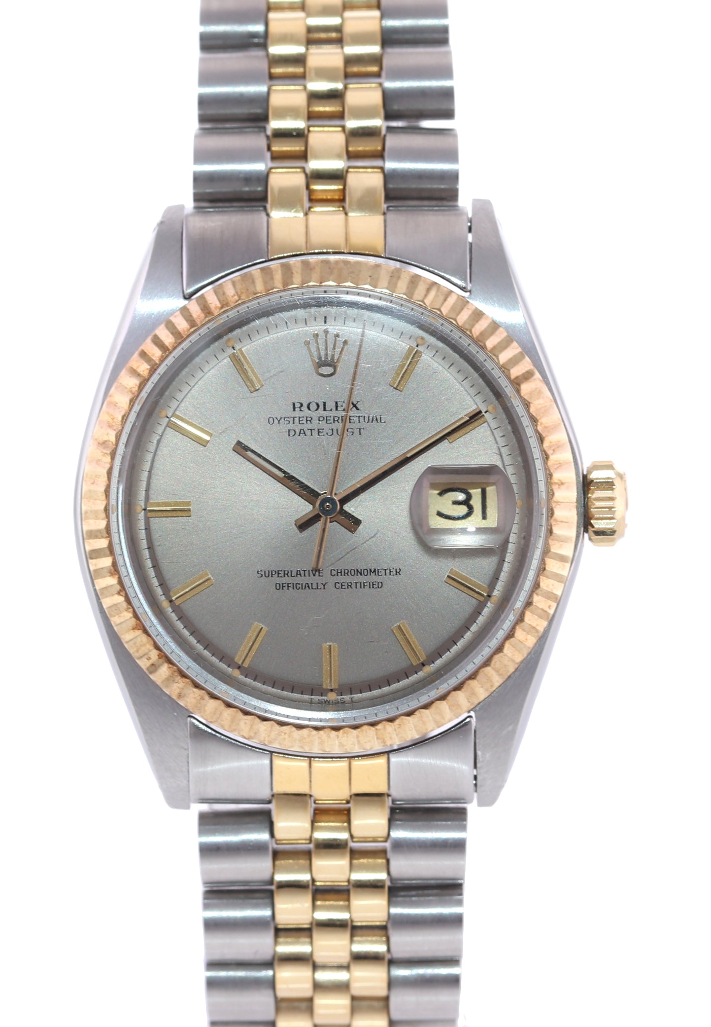 VTG Rolex DateJust 1601 Grey Pie Pan Dial Two Tone Gold Steel Jubilee Watch