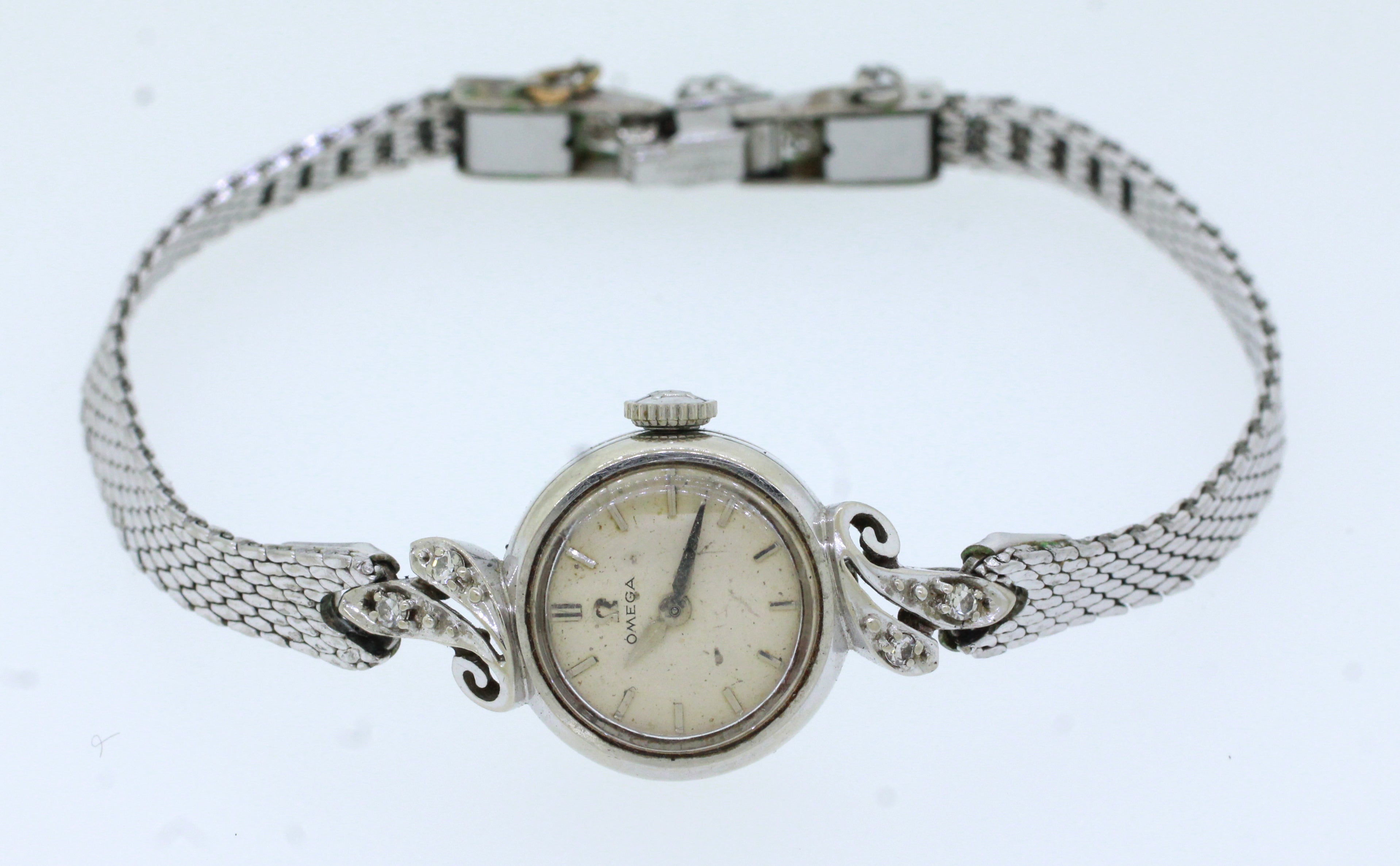 Antique Art Deco 14k Solid White Gold 0.08ctw~ Diamond Omega Watch Bracelet