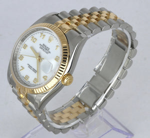 MINT Rolex DateJust 36mm White Arabic 116233 Two-Tone 18K Gold Stainless Jubilee
